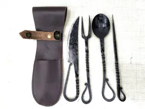 Hand Forged Medieval Eating Utensil Set Twisted Design Handmade Fully Functional Fork Knife Spoon And Food Stick Medieval Cutlery Set, With Leather Carrying Pouch Unisex Gift (Pack of 4)