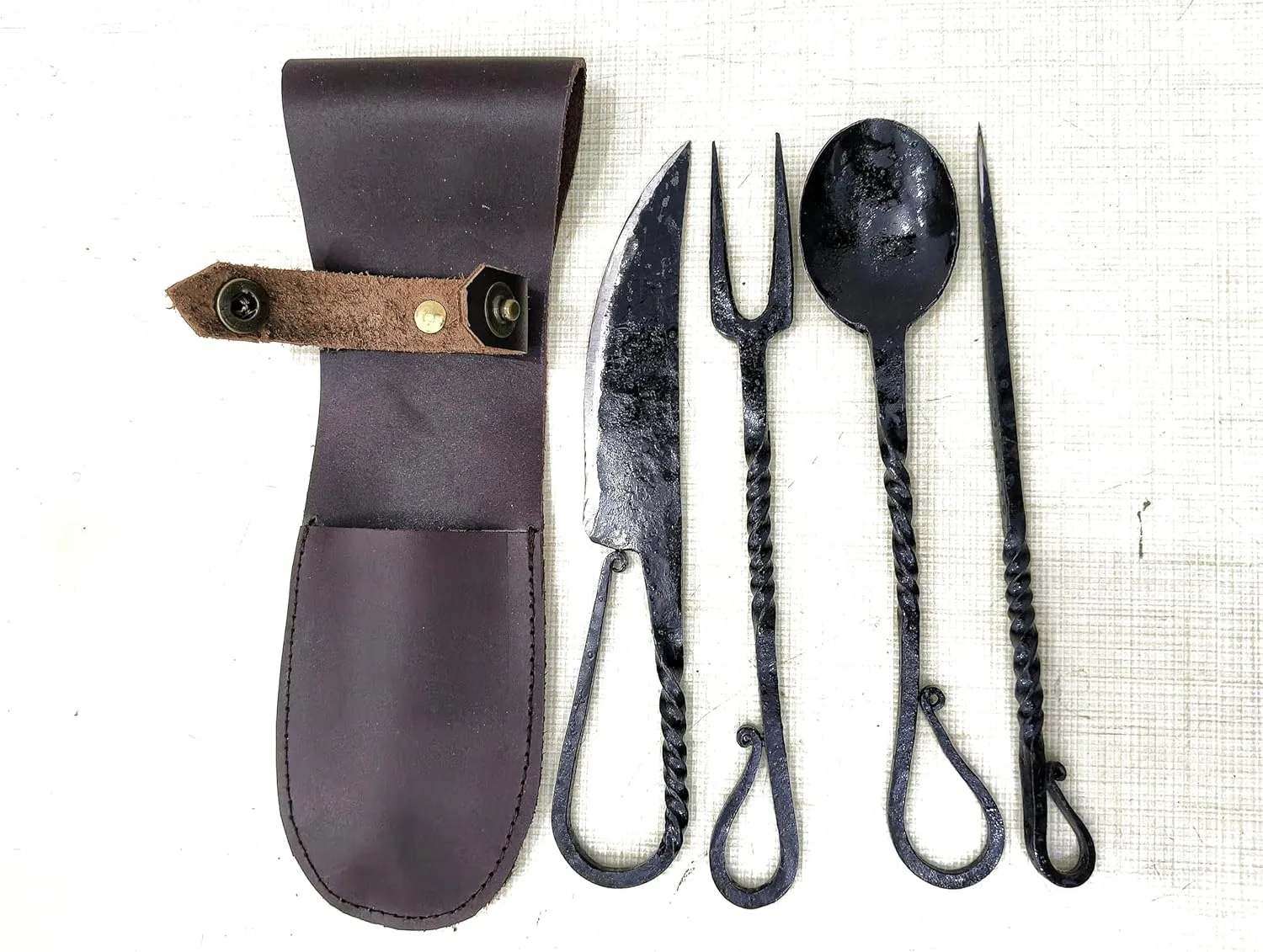 Hand Forged Medieval Eating Utensil Set Twisted Design Handmade Fully Functional Fork Knife Spoon And Food Stick Medieval Cutlery Set, With Leather Carrying Pouch Unisex Gift (Pack of 4)