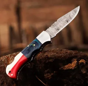 Handcrafted Damascus Steel Lightweight EDC Folding Pocket Knife, Texas Flag Handle, 3 Inch Blade With Leather Sheath
