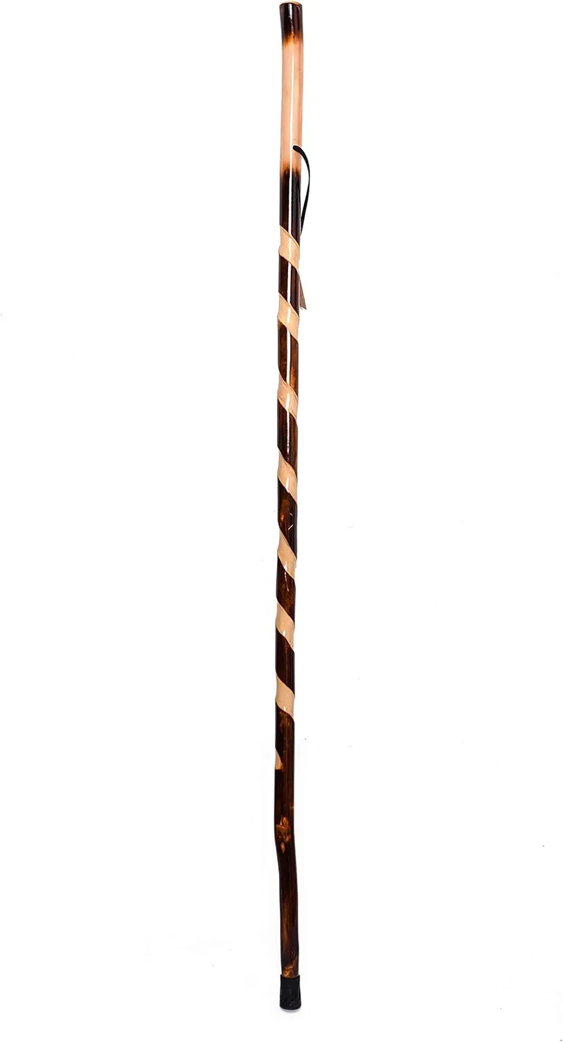 Handcrafted Nature Wood Hiking Stick 55 Inches Long - with Hand Strap and Rubber Tip Cover - Transparent Waterproof Painting Coating