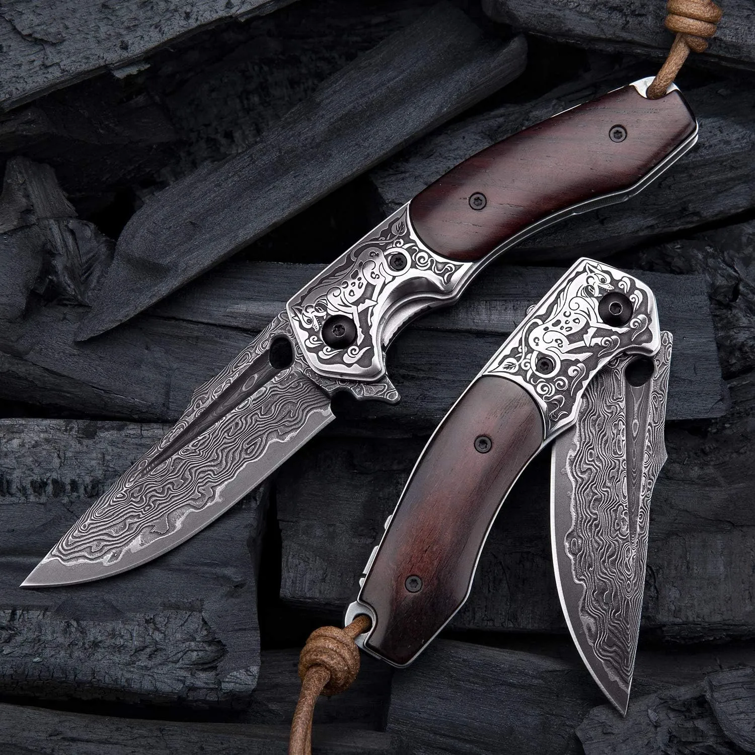 Handmade japanese vg10 damascus steel pocket knife,rosewood handle,sheath,liner lock,folding knives for outdoors camping hiking fishing