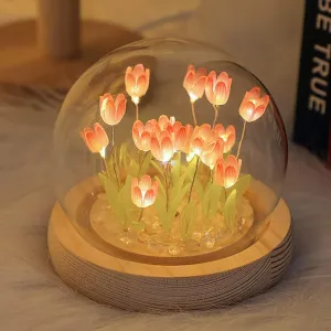 Handmade Tulip Night Light Cute Flower Bedroom Sleeping Lamp LED Light in Glass Dome with Base Desk Ornaments for Bedroom Home Valentine's Day Anniversary Decor