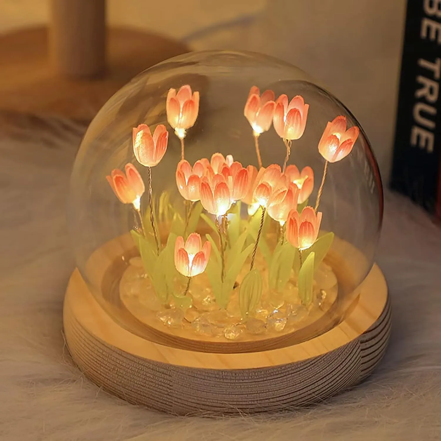 Handmade Tulip Night Light Cute Flower Bedroom Sleeping Lamp LED Light in Glass Dome with Base Desk Ornaments for Bedroom Home Valentine's Day Anniversary Decor
