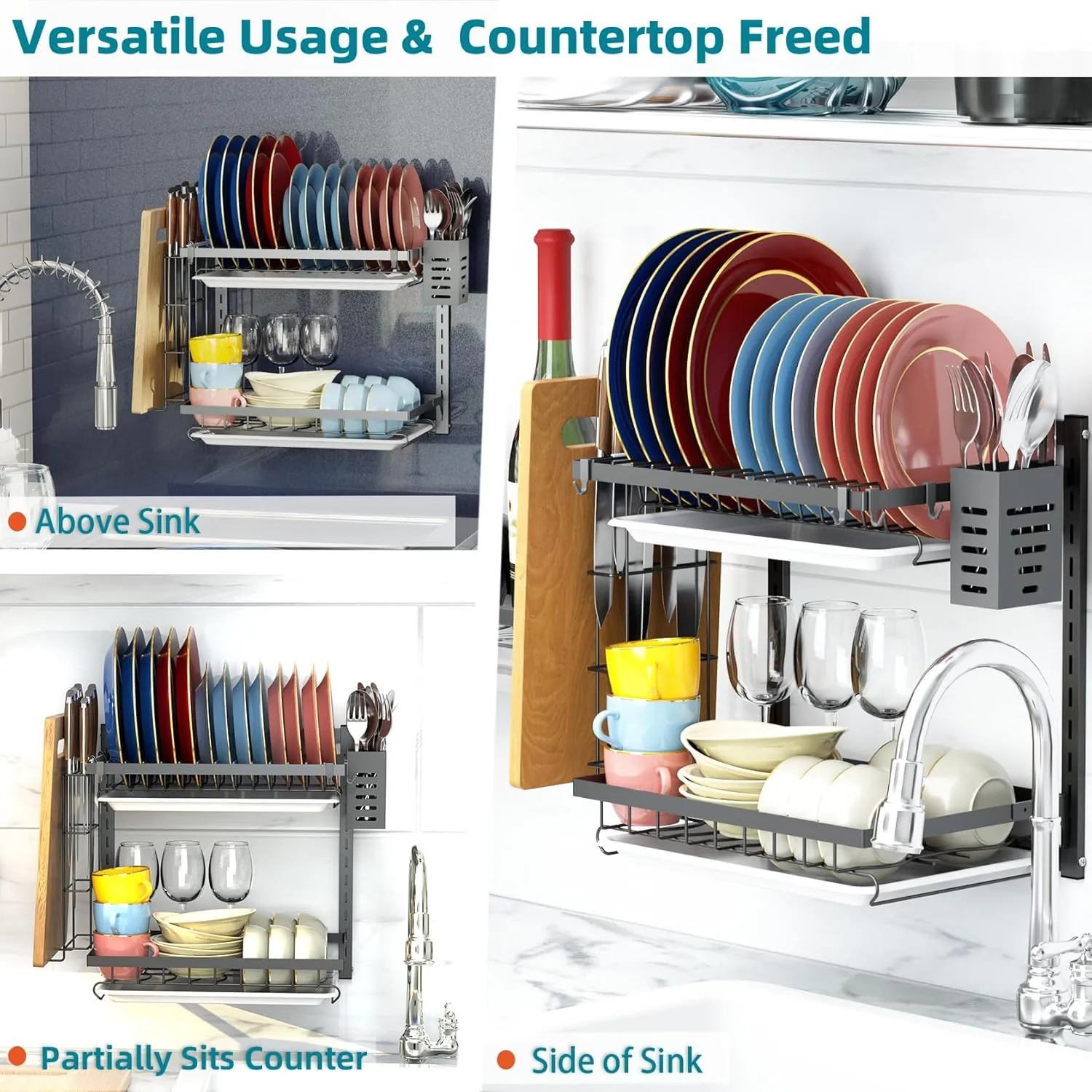 Hanging Wall Mounted Dish Drying Rack with Adjustable Layer*2, Hook*4, Drain Tray*2, Apartment & RV Wall Mounted Dish Rack, Adhesive Mountable, Length: 15.9", Washable (Gray, Small)