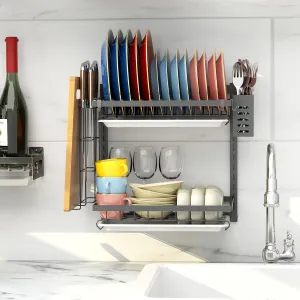 Hanging Wall Mounted Dish Drying Rack with Adjustable Layer*2, Hook*4, Drain Tray*2, Apartment & RV Wall Mounted Dish Rack, Adhesive Mountable, Length: 15.9", Washable (Gray, Small)