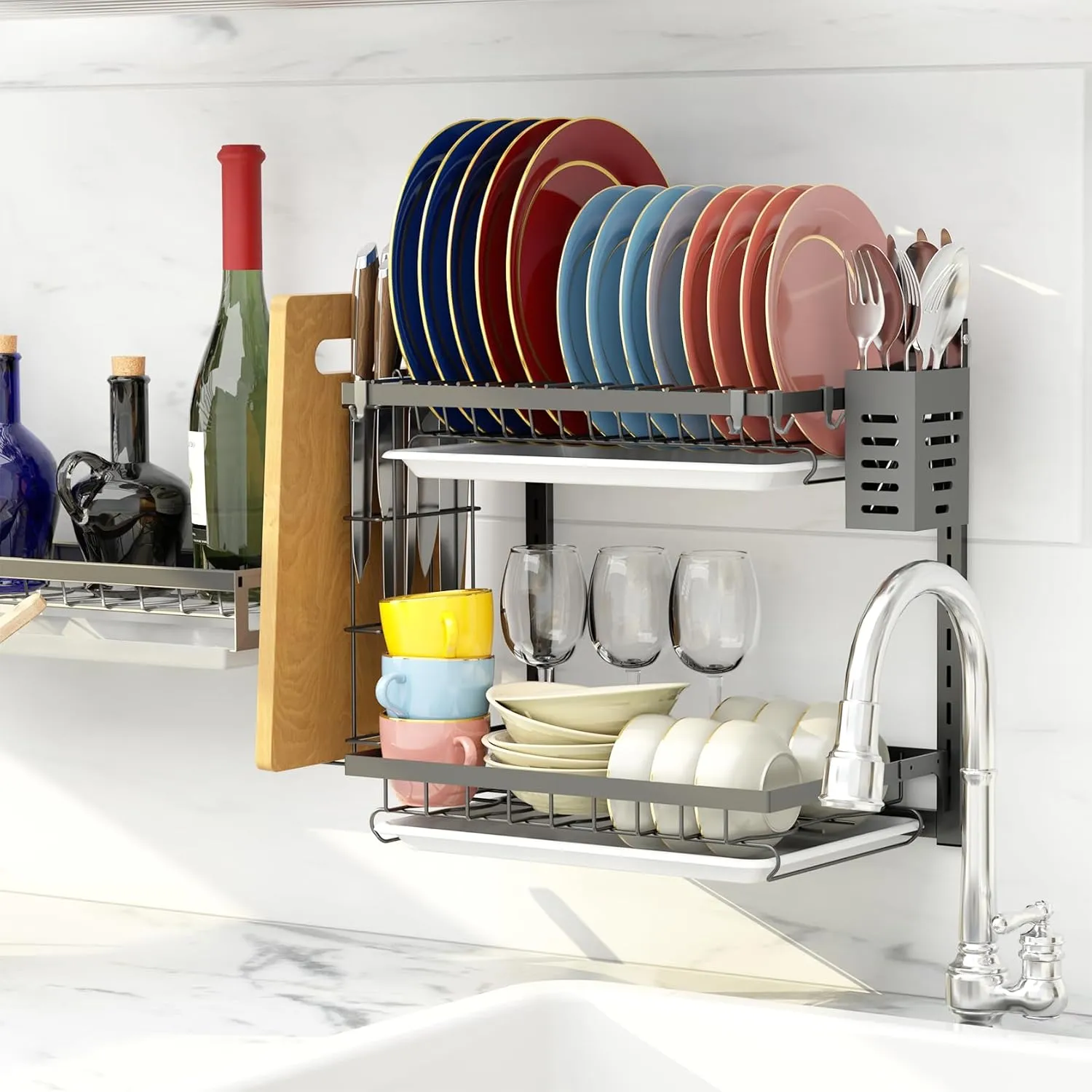 Hanging Wall Mounted Dish Drying Rack with Adjustable Layer*2, Hook*4, Drain Tray*2, Apartment & RV Wall Mounted Dish Rack, Adhesive Mountable, Length: 15.9", Washable (Gray, Small)