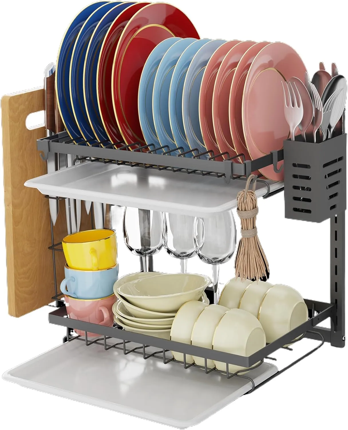 Hanging Wall Mounted Dish Drying Rack with Adjustable Layer*2, Hook*4, Drain Tray*2, Apartment & RV Wall Mounted Dish Rack, Adhesive Mountable, Length: 15.9", Washable (Gray, Small)