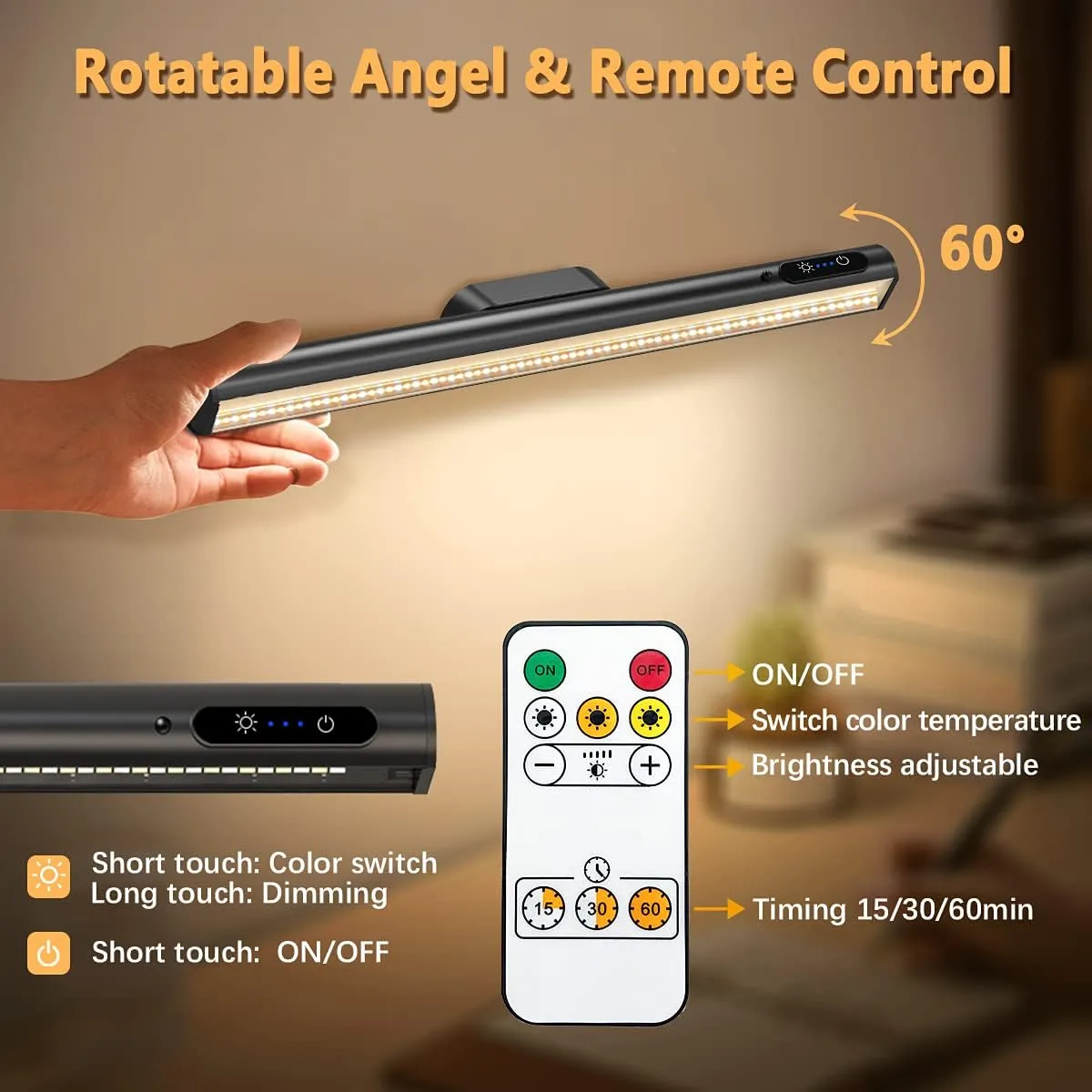 Hapfish Battery Powered Operated Wall Strip Lights, Rechargeable Magnetic LED Light Bar with Remote, Dimmable Desk Lamp, Under Cabinet Lighting Wireless for Mirror Closet Picture Room Kitchen - Black