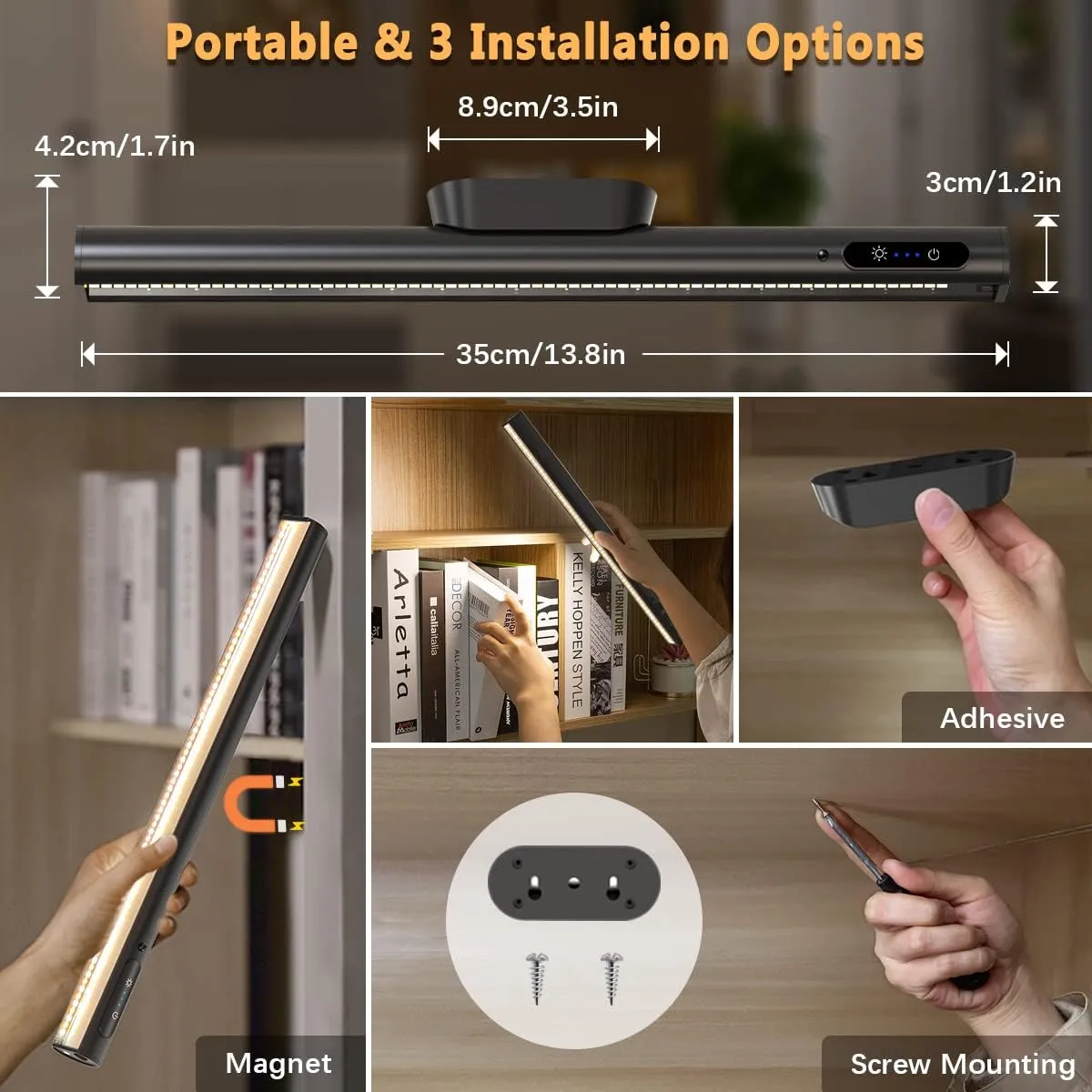 Hapfish Battery Powered Operated Wall Strip Lights, Rechargeable Magnetic LED Light Bar with Remote, Dimmable Desk Lamp, Under Cabinet Lighting Wireless for Mirror Closet Picture Room Kitchen - Black