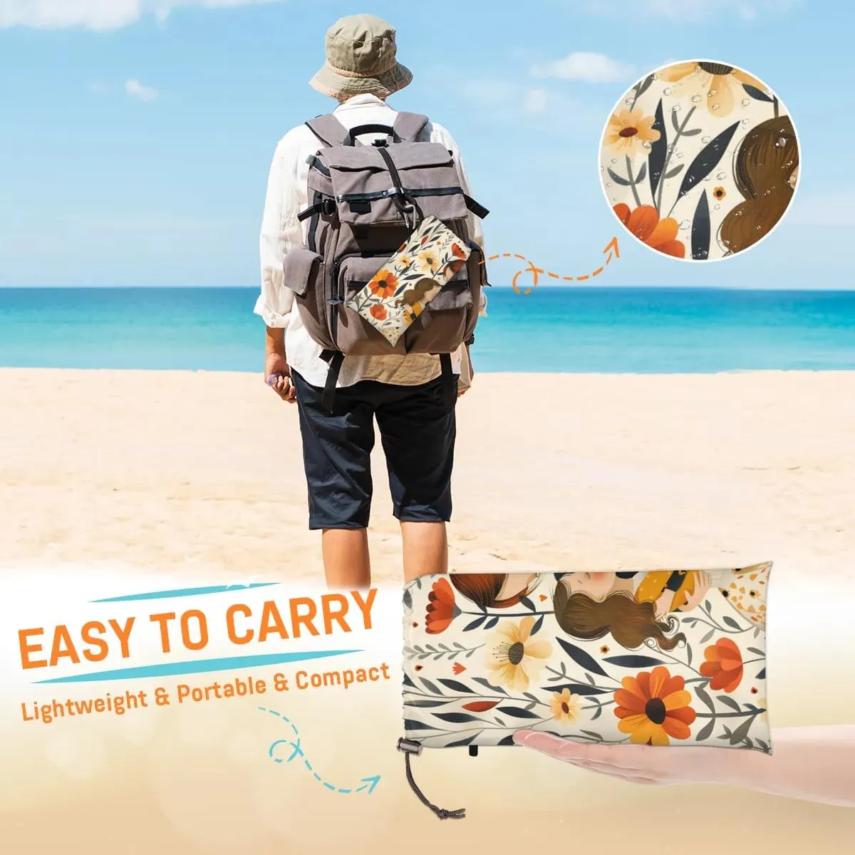 Happy Mother's Day Beach Blanket, Sandproof Beach Mat, 68 x 59 Waterproof Quick Drying Sand Free Mat with 4 x Ground Spikes for Outdoor Travel Camping Hiking, Wildflowers Floral Spring
