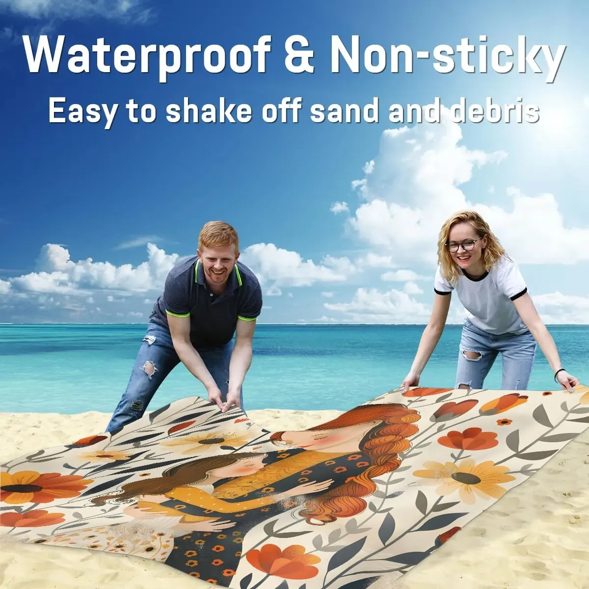 Happy Mother's Day Beach Blanket, Sandproof Beach Mat, 68 x 59 Waterproof Quick Drying Sand Free Mat with 4 x Ground Spikes for Outdoor Travel Camping Hiking, Wildflowers Floral Spring