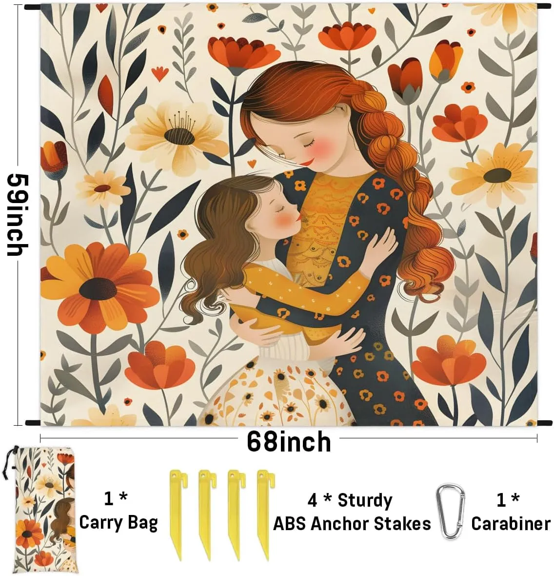 Happy Mother's Day Beach Blanket, Sandproof Beach Mat, 68 x 59 Waterproof Quick Drying Sand Free Mat with 4 x Ground Spikes for Outdoor Travel Camping Hiking, Wildflowers Floral Spring
