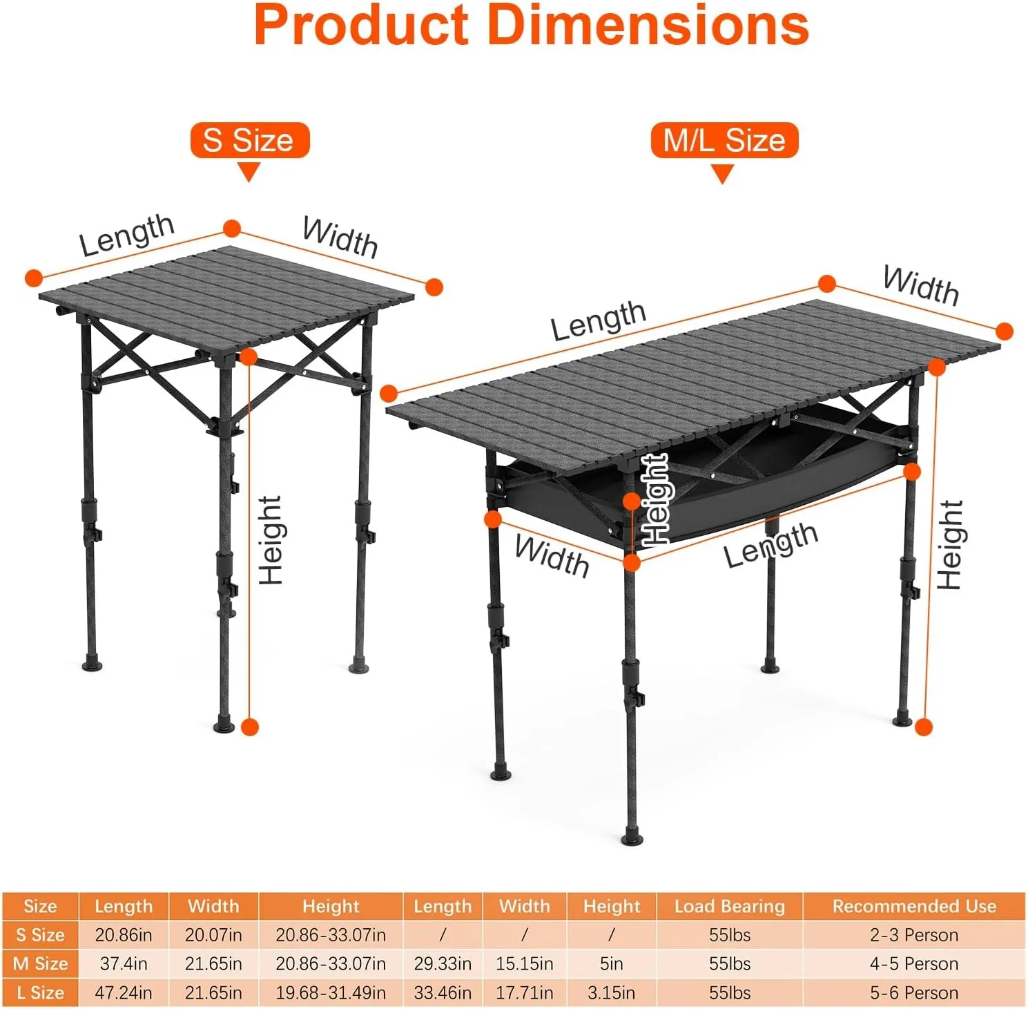 Height Adjustable Camping Table - Portable Folding Table with Carry Bag, Rustproof Carbon Steel Collapsible Outdoor Desk for Picnic, BBQ, Hiking, Beach, 55LBS Max Load，Size S