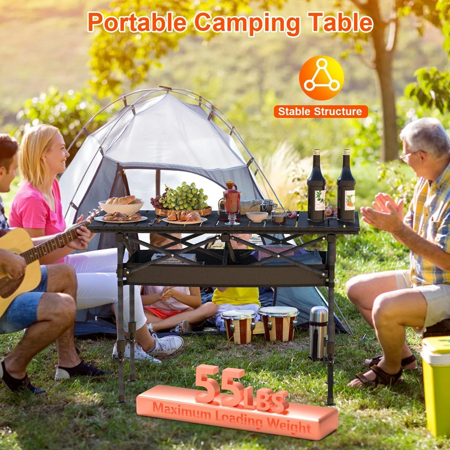 Height Adjustable Camping Table - Portable Folding Table with Carry Bag, Rustproof Carbon Steel Collapsible Outdoor Desk for Picnic, BBQ, Hiking, Beach, 55LBS Max Load，Size S