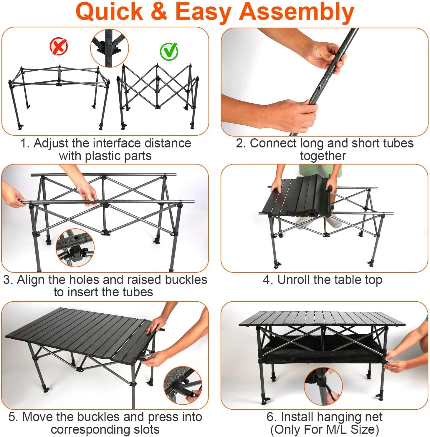 Height Adjustable Camping Table - Portable Folding Table with Carry Bag, Rustproof Carbon Steel Collapsible Outdoor Desk for Picnic, BBQ, Hiking, Beach, 55LBS Max Load，Size S