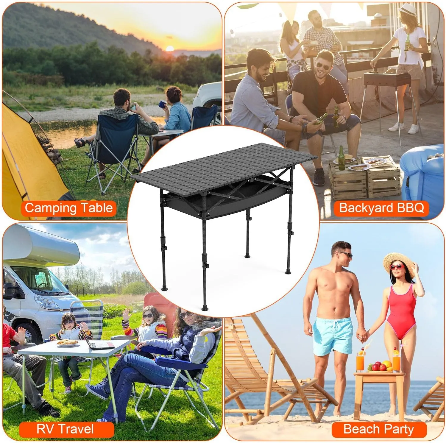 Height Adjustable Camping Table - Portable Folding Table with Carry Bag, Rustproof Carbon Steel Collapsible Outdoor Desk for Picnic, BBQ, Hiking, Beach, 55LBS Max Load，Size S