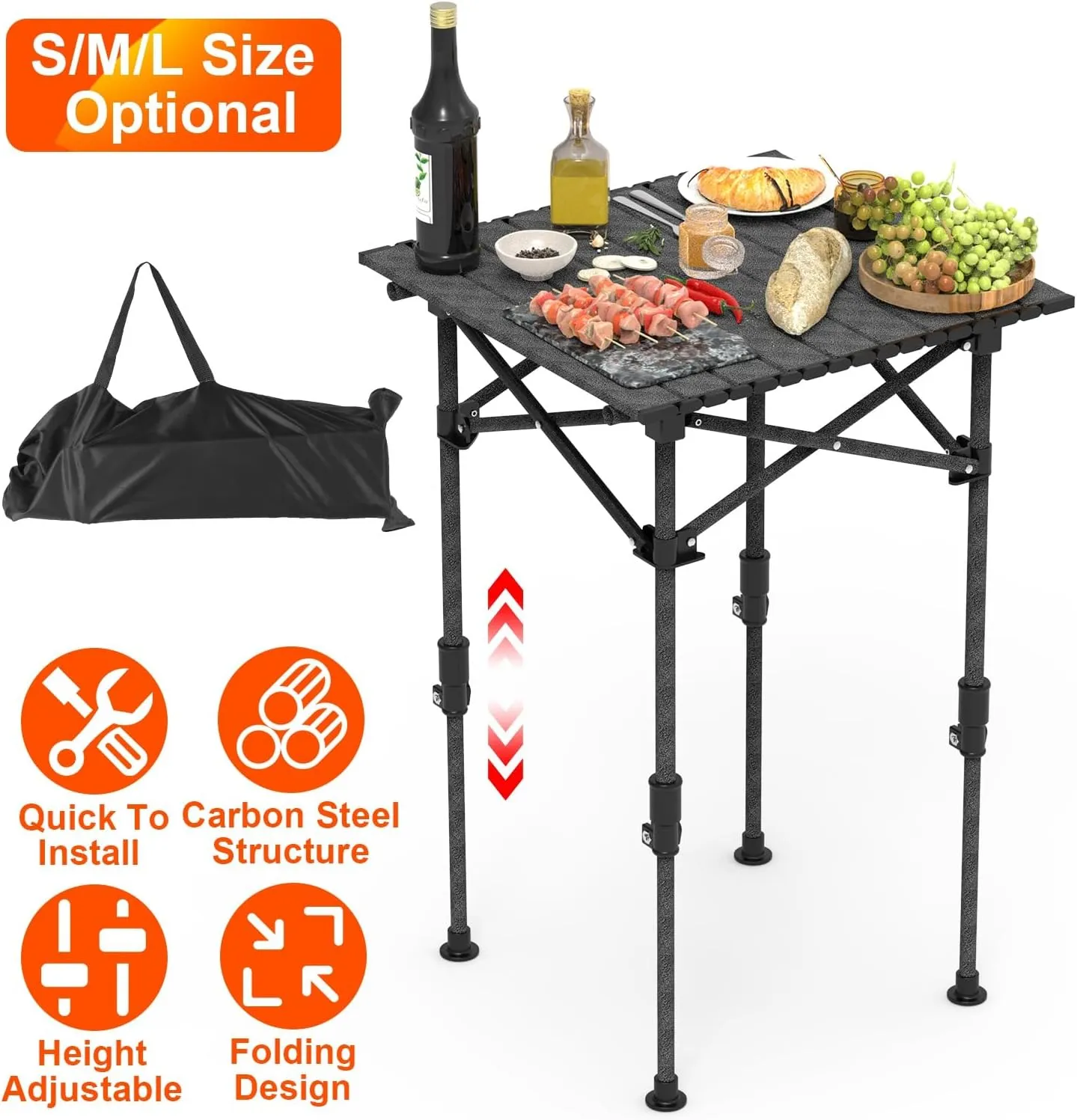 Height Adjustable Camping Table - Portable Folding Table with Carry Bag, Rustproof Carbon Steel Collapsible Outdoor Desk for Picnic, BBQ, Hiking, Beach, 55LBS Max Load，Size S