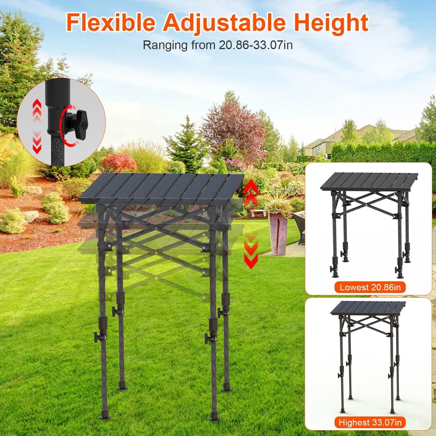 Height Adjustable Camping Table - Portable Folding Table with Carry Bag, Rustproof Carbon Steel Collapsible Outdoor Desk for Picnic, BBQ, Hiking, Beach, 55LBS Max Load，Size S