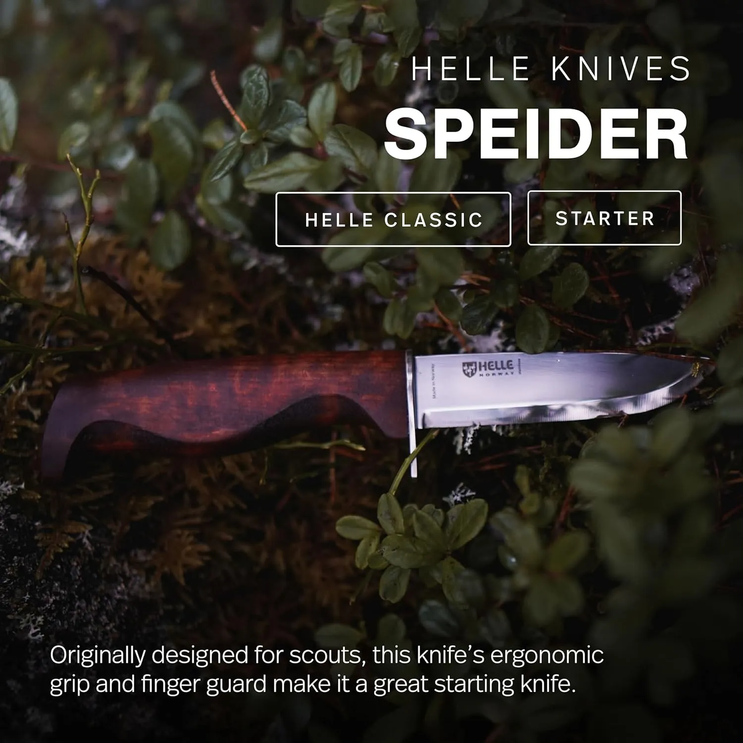 HELLE Knives - Speider - Fixed Blade Knife - Birch Wood Handle - Stick Tang - Camping, Fishing, Hunting - Stainless Steel - Leather Sheath - Made in Norway
