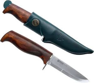 HELLE Knives - Speider - Fixed Blade Knife - Birch Wood Handle - Stick Tang - Camping, Fishing, Hunting - Stainless Steel - Leather Sheath - Made in Norway
