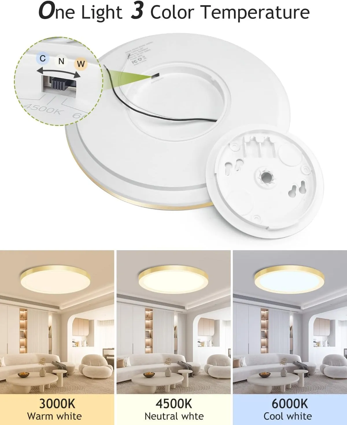 hepside 2PACK Flush Mount LED Ceiling Light Fixture Golden, 12Inch 28W, Dimmable 3000K-4500K-6000K 3 Color Selectable Ceiling Lamp 3200LM Low Profile Ceiling Light for Kitchen Bedroom Hallway