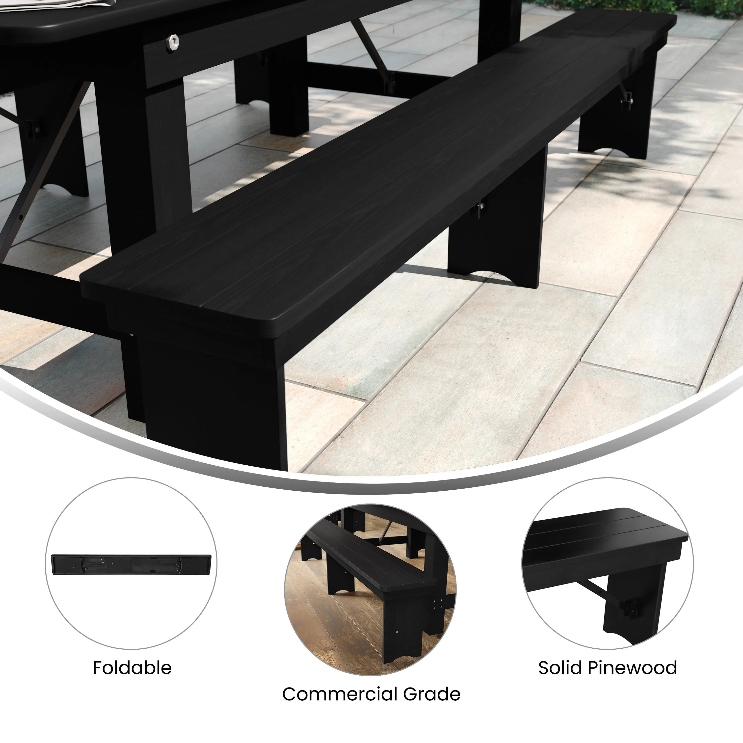 HERCULES Series 8' x 12'' Solid Pine Folding Farm Bench with 3 Legs