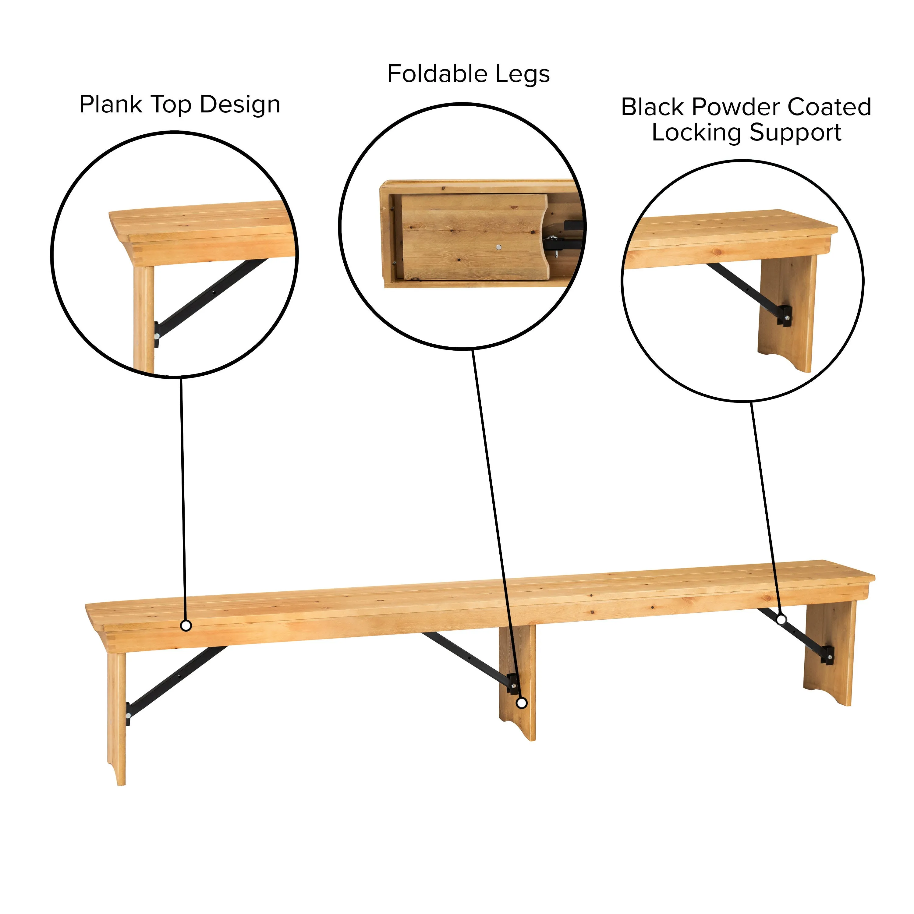 HERCULES Series 8' x 12'' Solid Pine Folding Farm Bench with 3 Legs