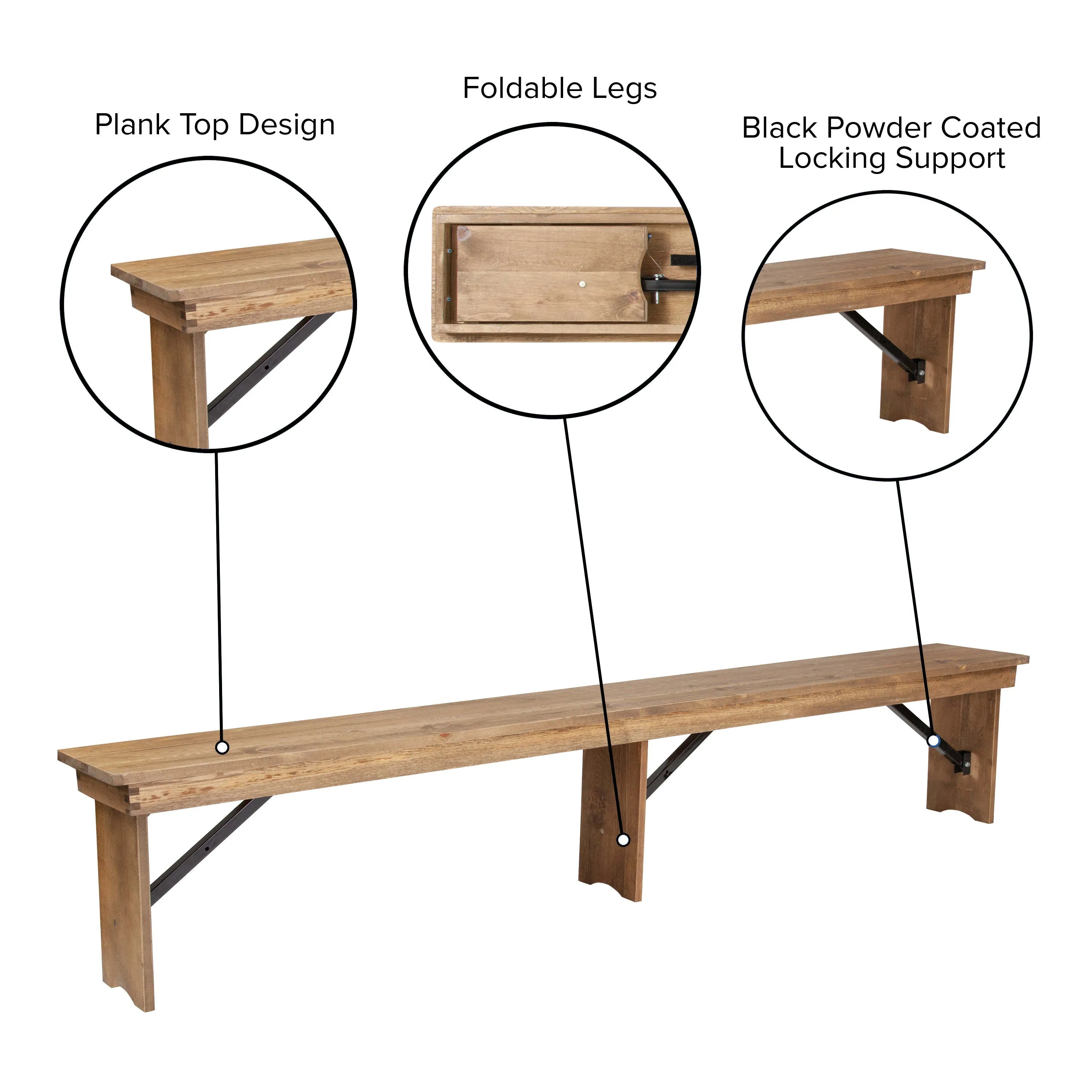 HERCULES Series 8' x 12'' Solid Pine Folding Farm Bench with 3 Legs