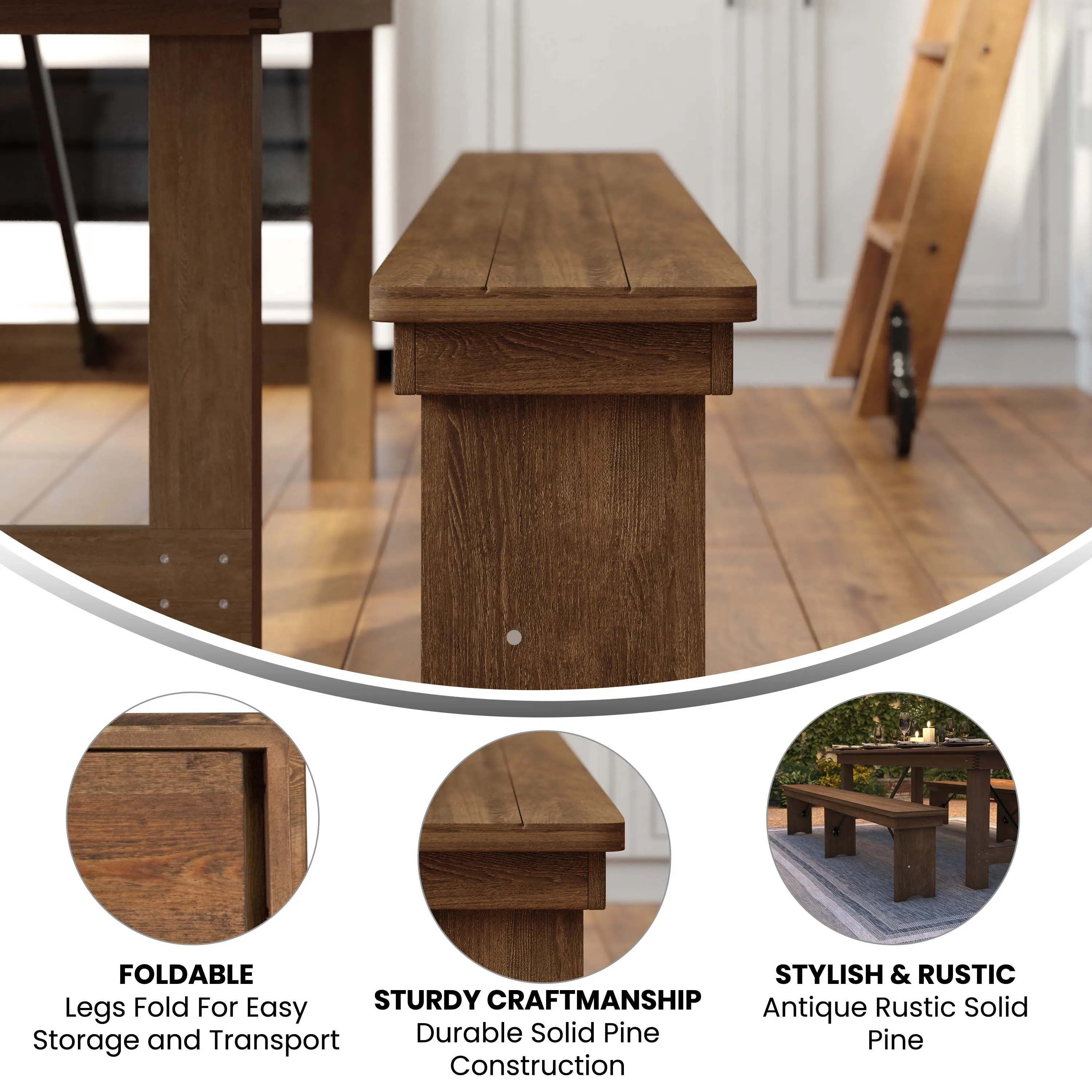HERCULES Series 8' x 12'' Solid Pine Folding Farm Bench with 3 Legs