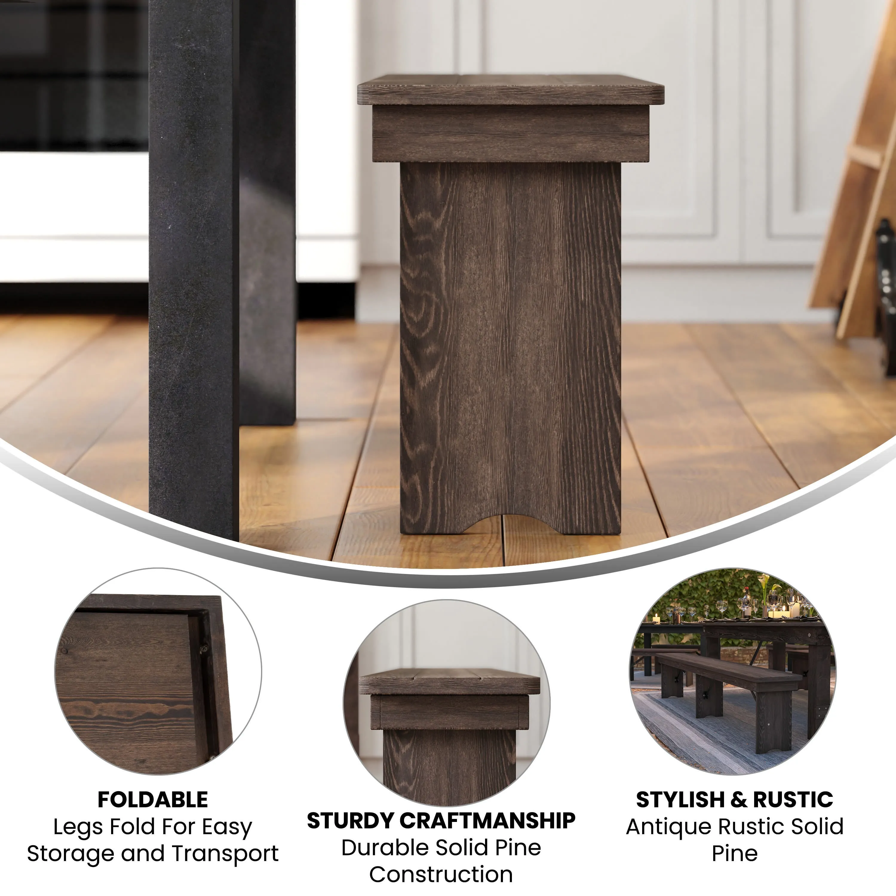 HERCULES Series 8' x 12'' Solid Pine Folding Farm Bench with 3 Legs