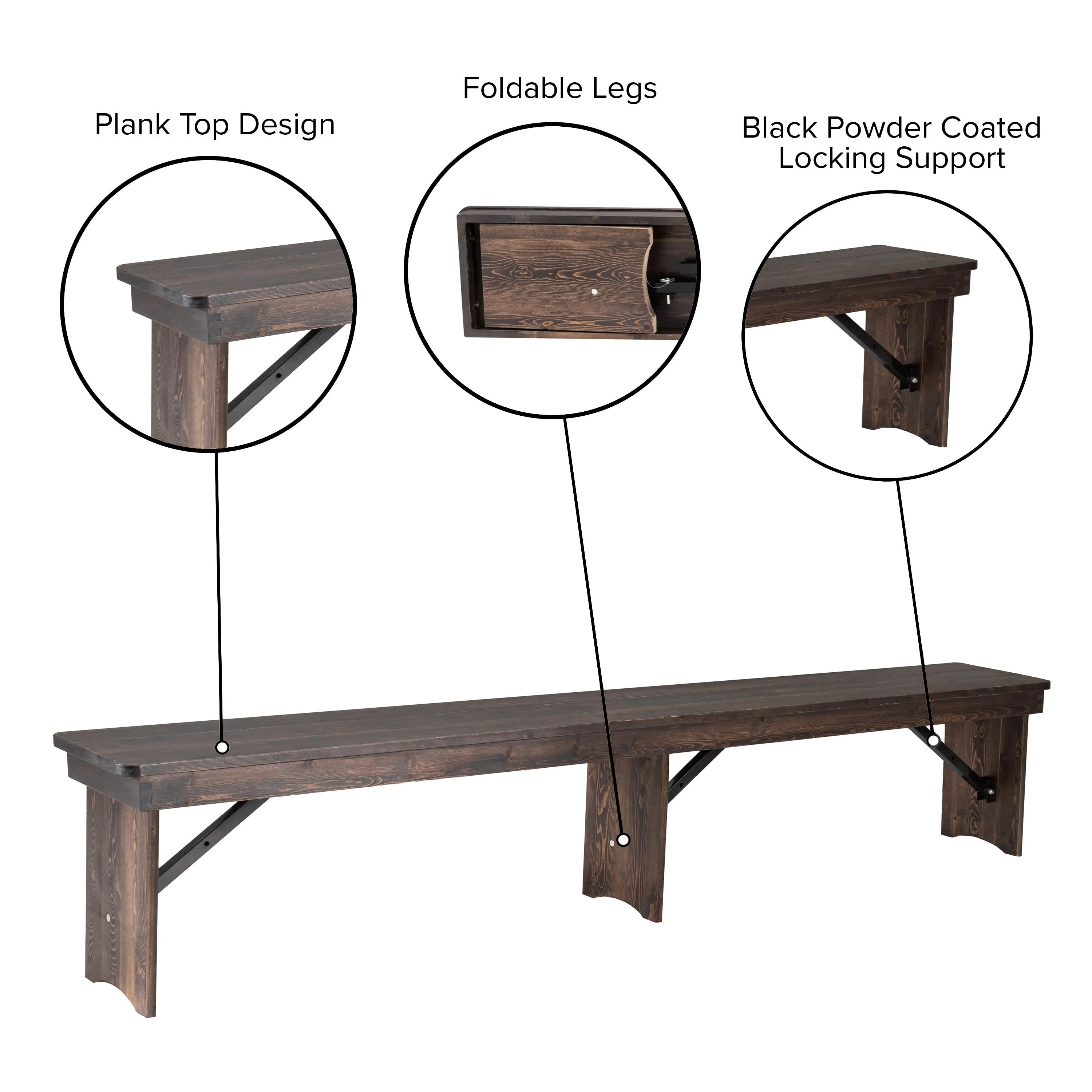 HERCULES Series 8' x 12'' Solid Pine Folding Farm Bench with 3 Legs