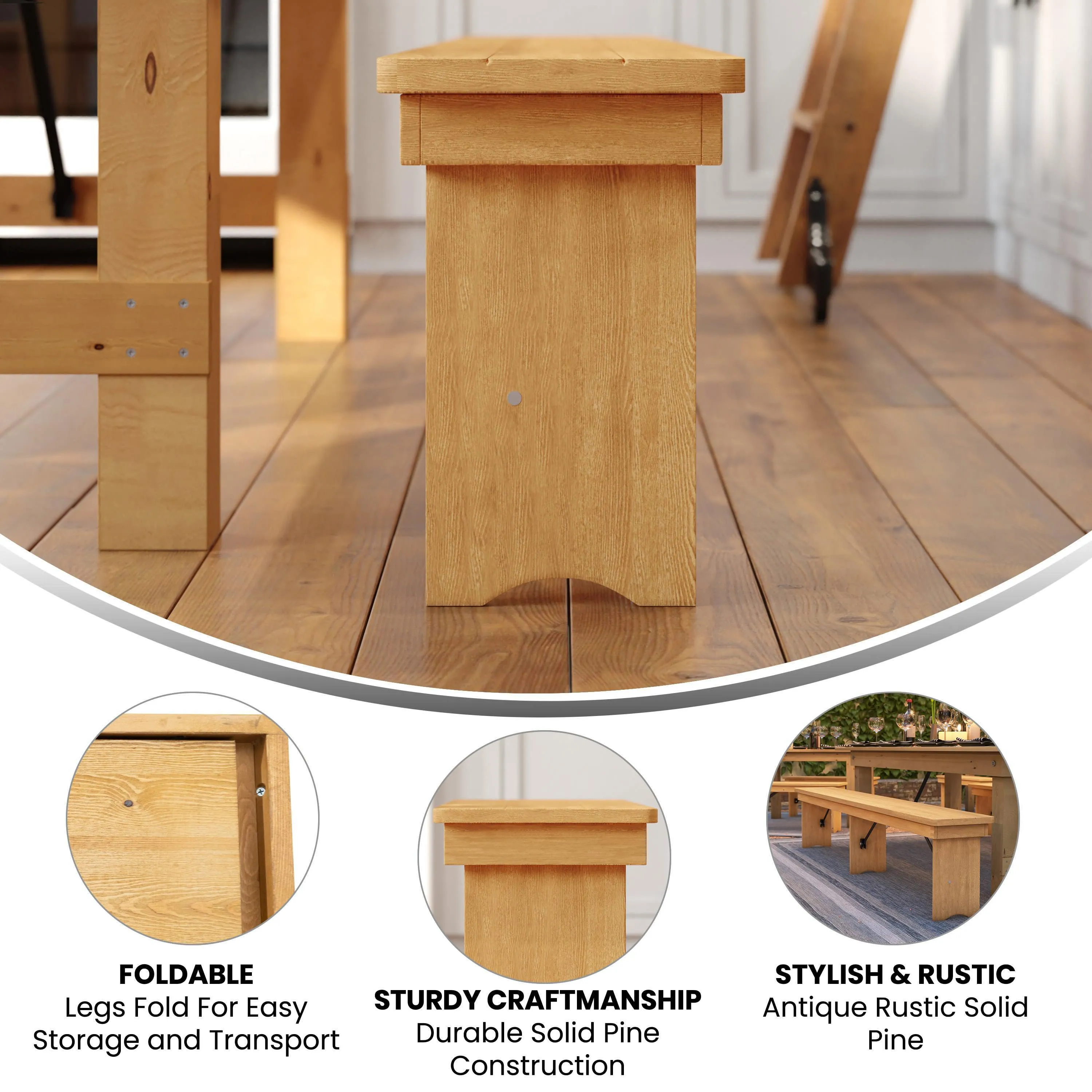 HERCULES Series 8' x 12'' Solid Pine Folding Farm Bench with 3 Legs