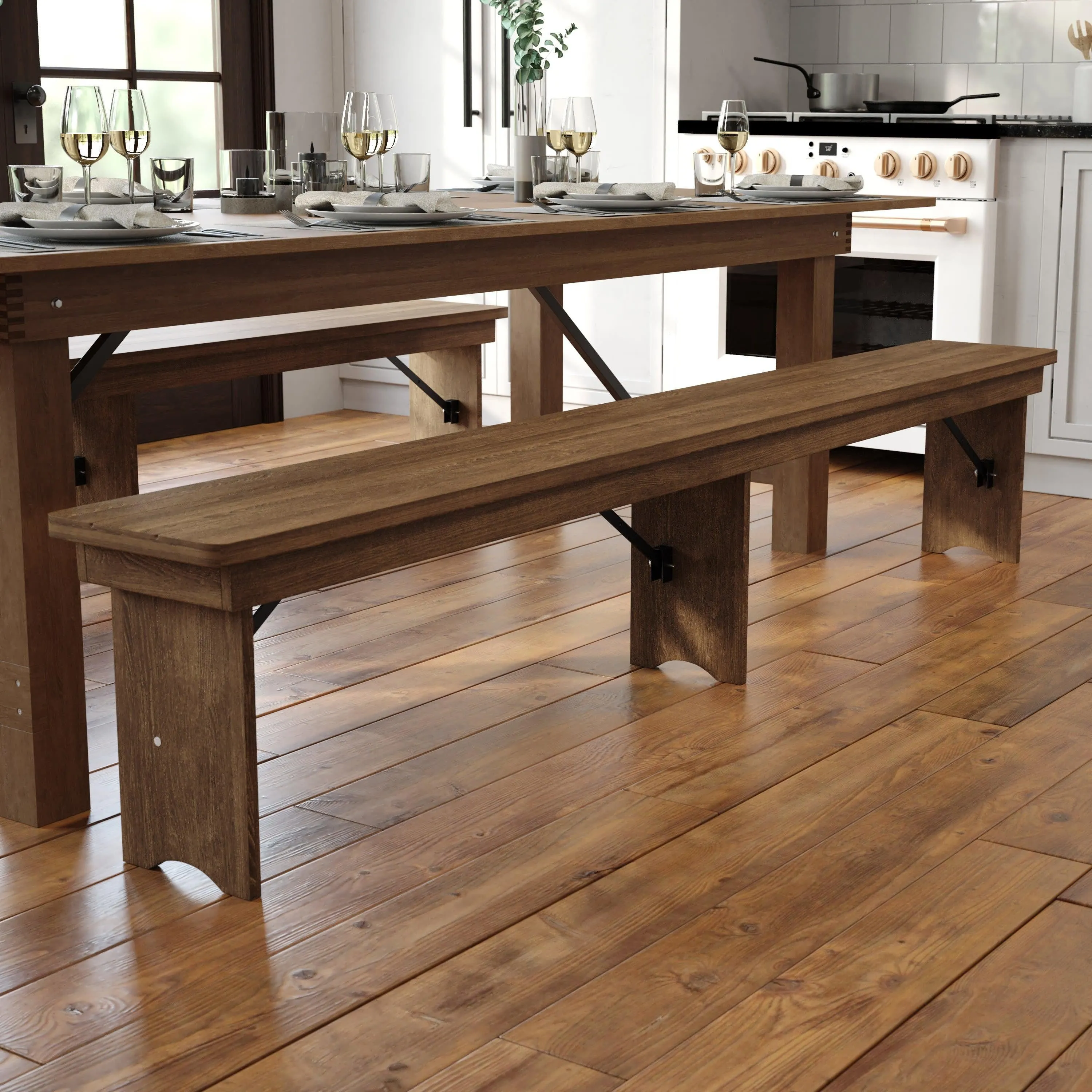 HERCULES Series 8' x 12'' Solid Pine Folding Farm Bench with 3 Legs