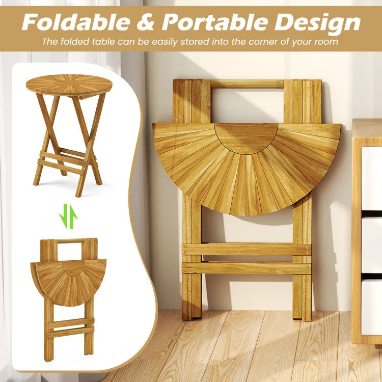 Hivvago Patio Folding Side Table Teak Wood Round End Table with Slatted Tabletop and X-Shaped Frame