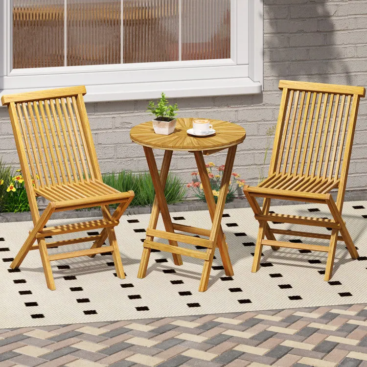 Hivvago Patio Folding Side Table Teak Wood Round End Table with Slatted Tabletop and X-Shaped Frame