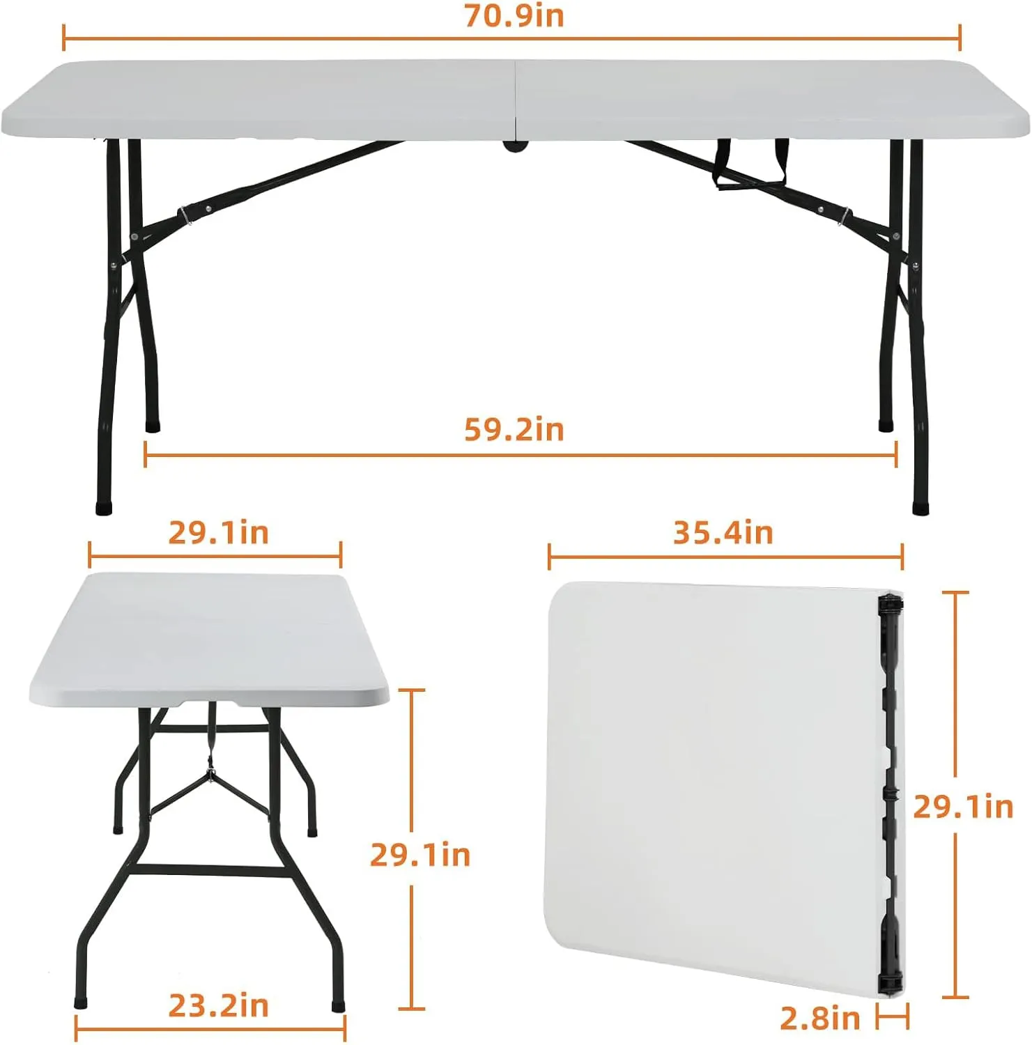 HKLGorg 6 Ft Heavy Duty Working Indoor Outdoor Plastic Folding Utility Party Dining Table Easy to Assemble with Lock Function White, 70.9 x 29.1 x 29.1 inches