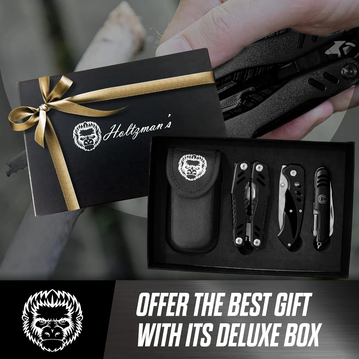 Holtzman's Gorilla Survival 3 Piece Pocket Multitool Utility Knife Gift Set (Black)