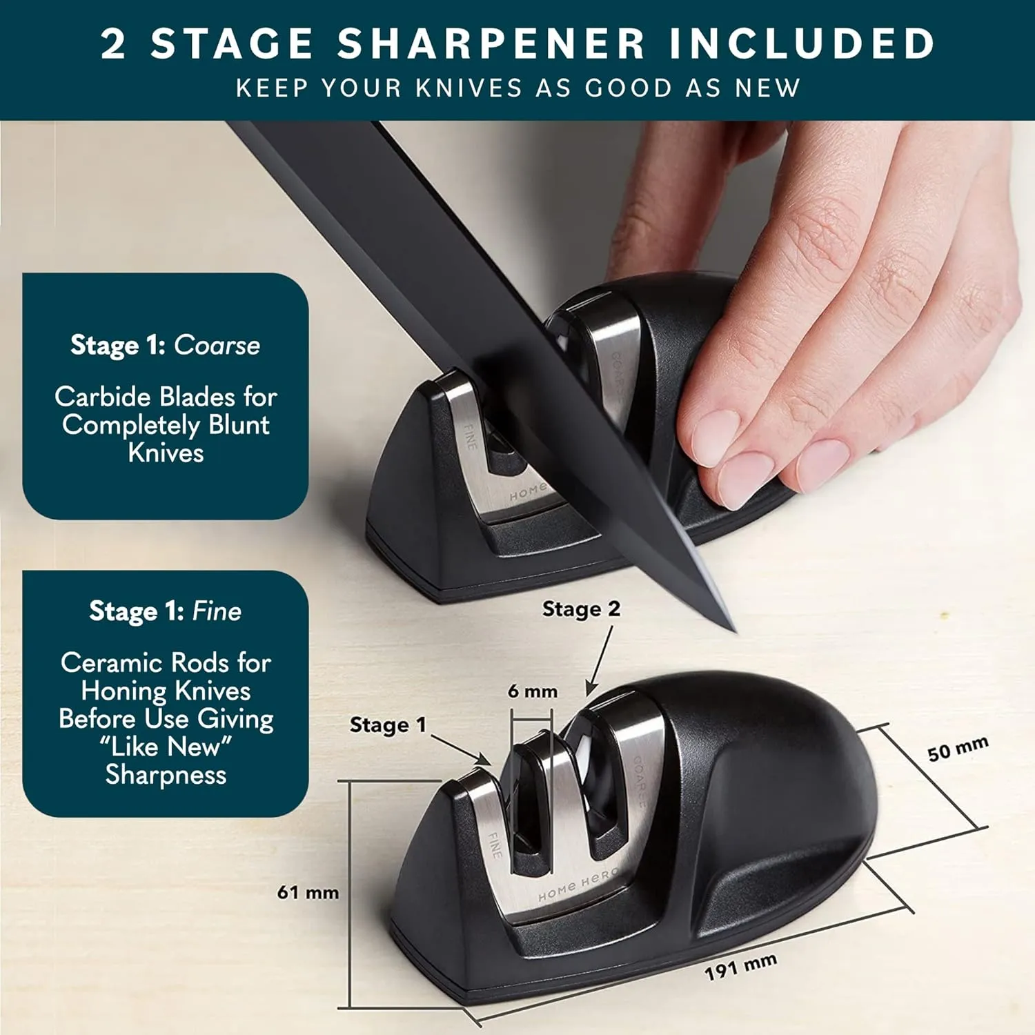 Home Hero Kitchen Knife Set with Sharpener - High Carbon Stainless Steel Knife Block Set with Ergonomic Handles (7 Pcs - Black)