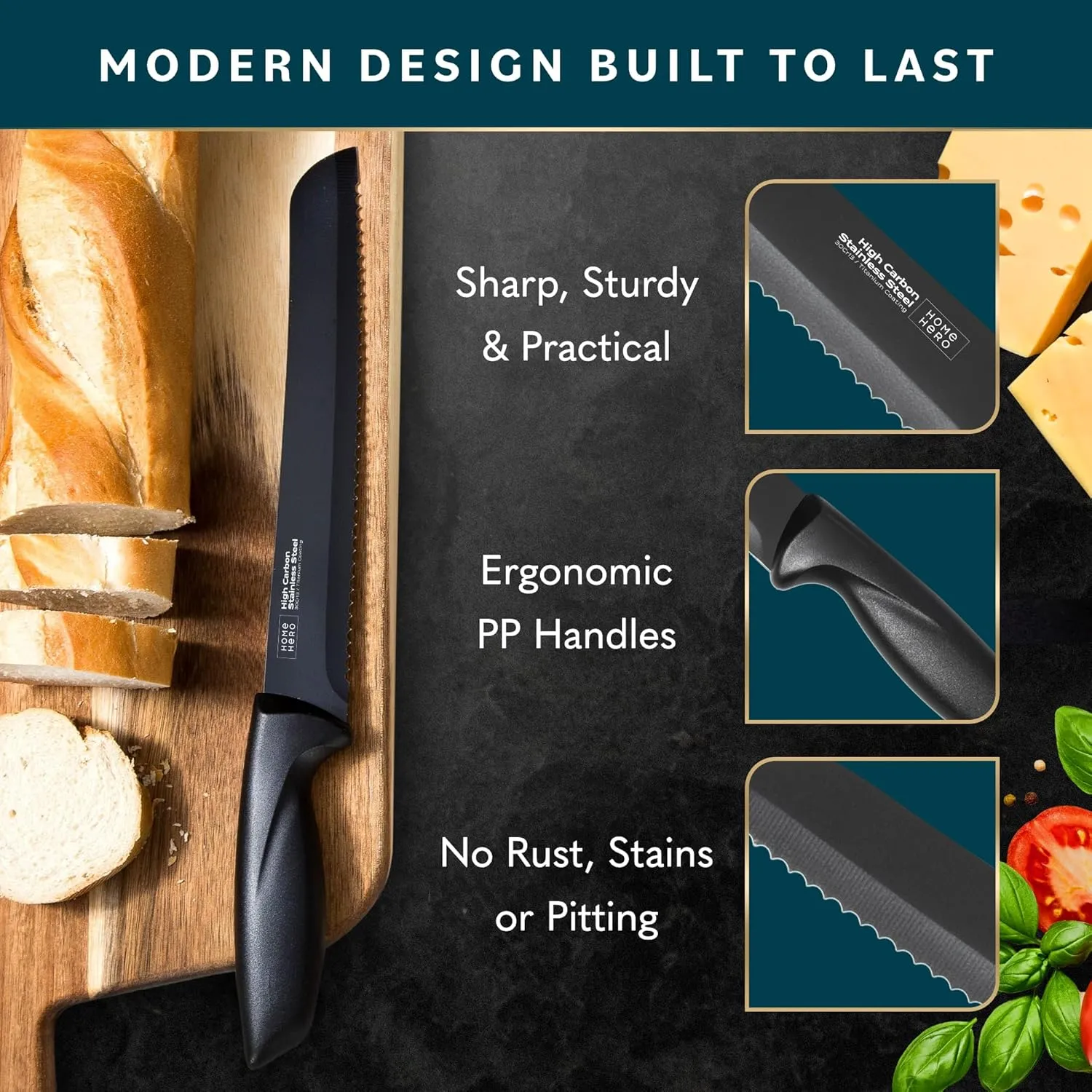 Home Hero Kitchen Knife Set with Sharpener - High Carbon Stainless Steel Knife Block Set with Ergonomic Handles (7 Pcs - Black)