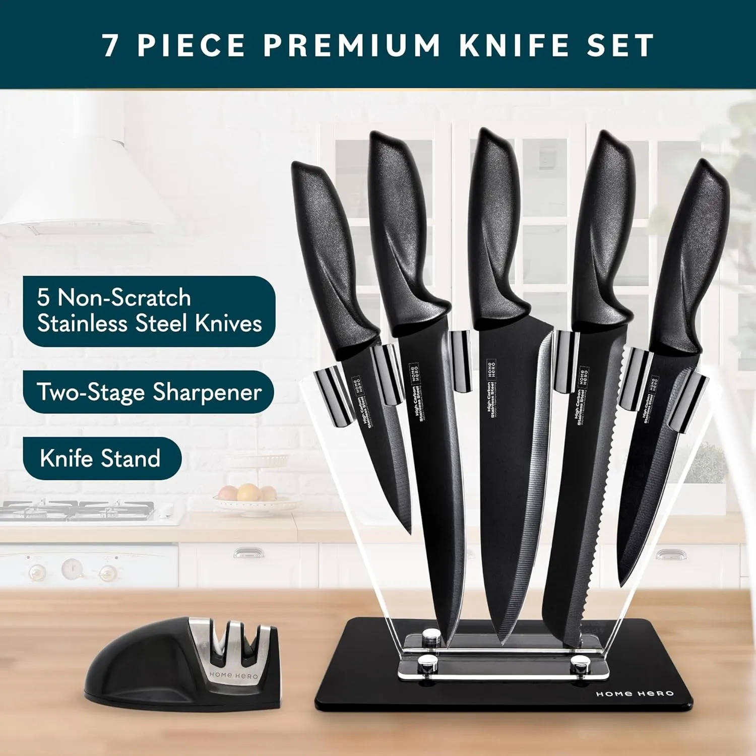 Home Hero Kitchen Knife Set with Sharpener - High Carbon Stainless Steel Knife Block Set with Ergonomic Handles (7 Pcs - Black)