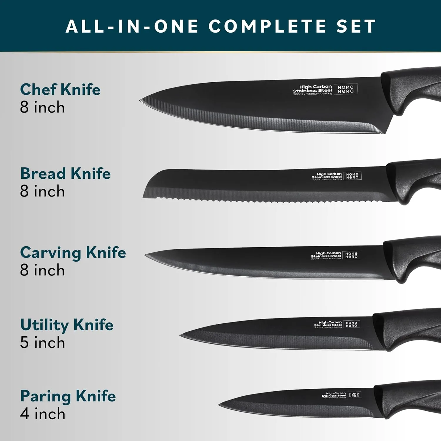 Home Hero Kitchen Knife Set with Sharpener - High Carbon Stainless Steel Knife Block Set with Ergonomic Handles (7 Pcs - Black)