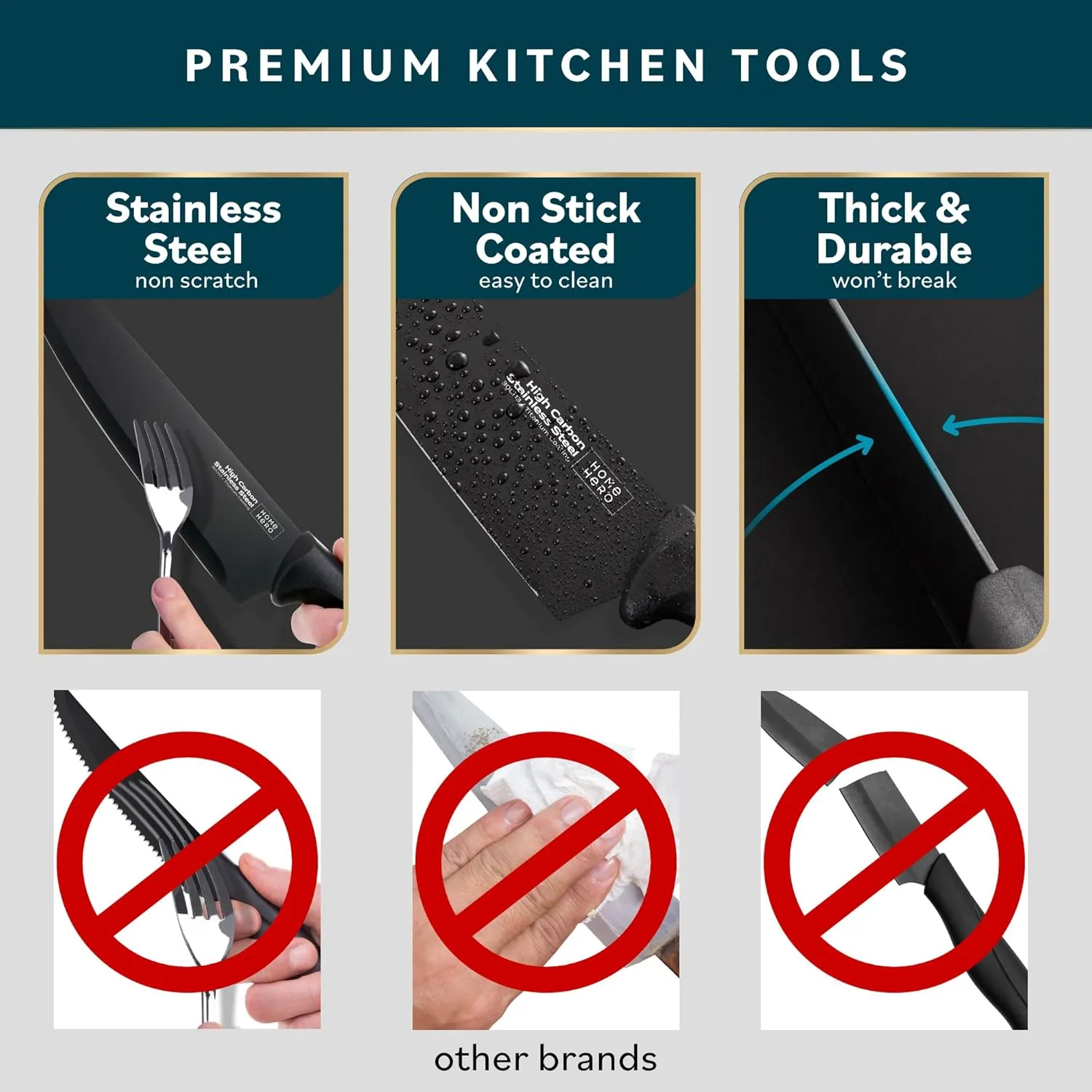 Home Hero Kitchen Knife Set with Sharpener - High Carbon Stainless Steel Knife Block Set with Ergonomic Handles (7 Pcs - Black)