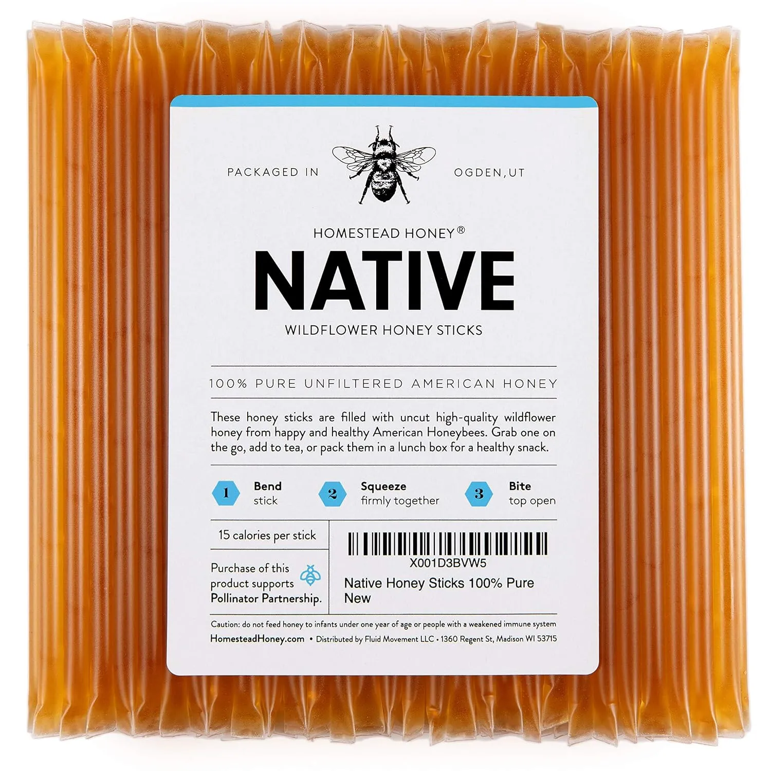 Homestead Honey Native Sticks 100 Count - Pure Wildflower - Individual Packets - Unfiltered Snack for Kids, Hiking, and Tea - Natural, No Additives - 8.25x6x1.25 inches