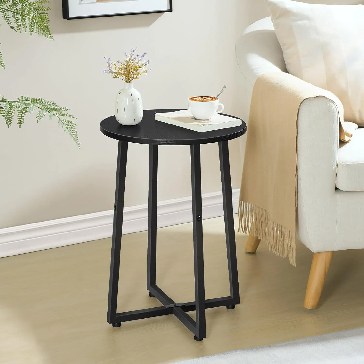 HOOBRO Side Table, Round Accent End Table with Sturdy X-Shaped Metal Frame, 15.7" Round Nightstand, for Living Room, Bedroom, Balcony, Office, Black BB95BZ01