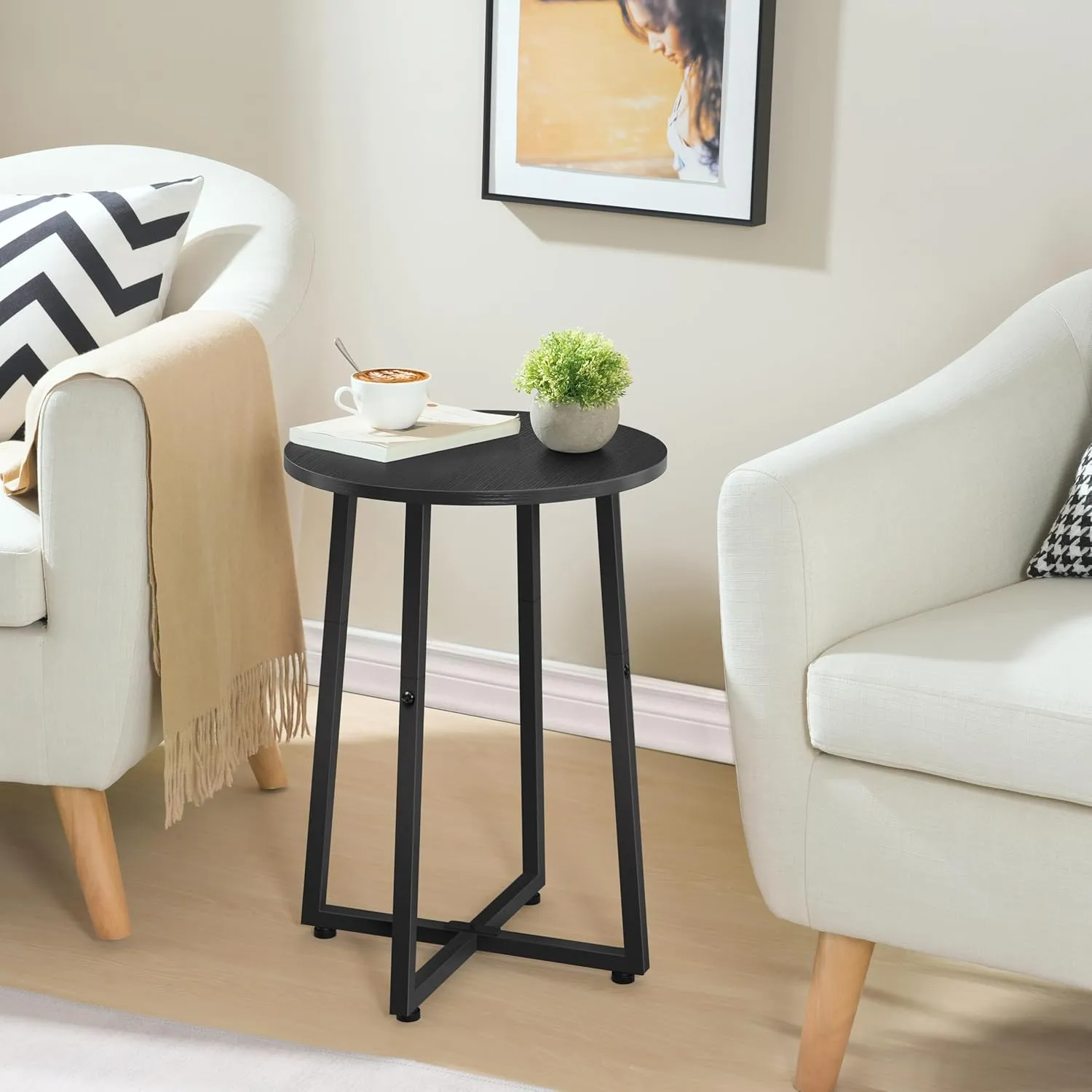 HOOBRO Side Table, Round Accent End Table with Sturdy X-Shaped Metal Frame, 15.7" Round Nightstand, for Living Room, Bedroom, Balcony, Office, Black BB95BZ01