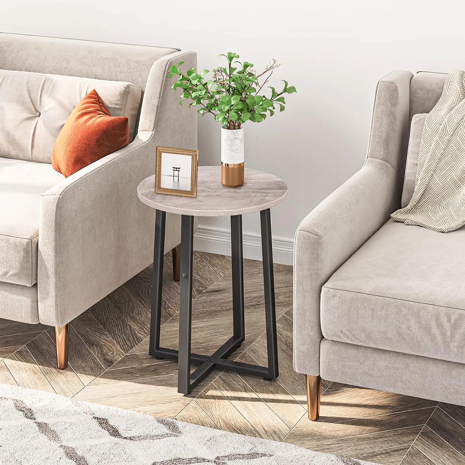 HOOBRO Side Table, Round Accent End Table with Sturdy X-Shaped Metal Frame, 15.7" Round Nightstand, for Living Room, Bedroom, Balcony, Office, Greige and Black BG95BZ01