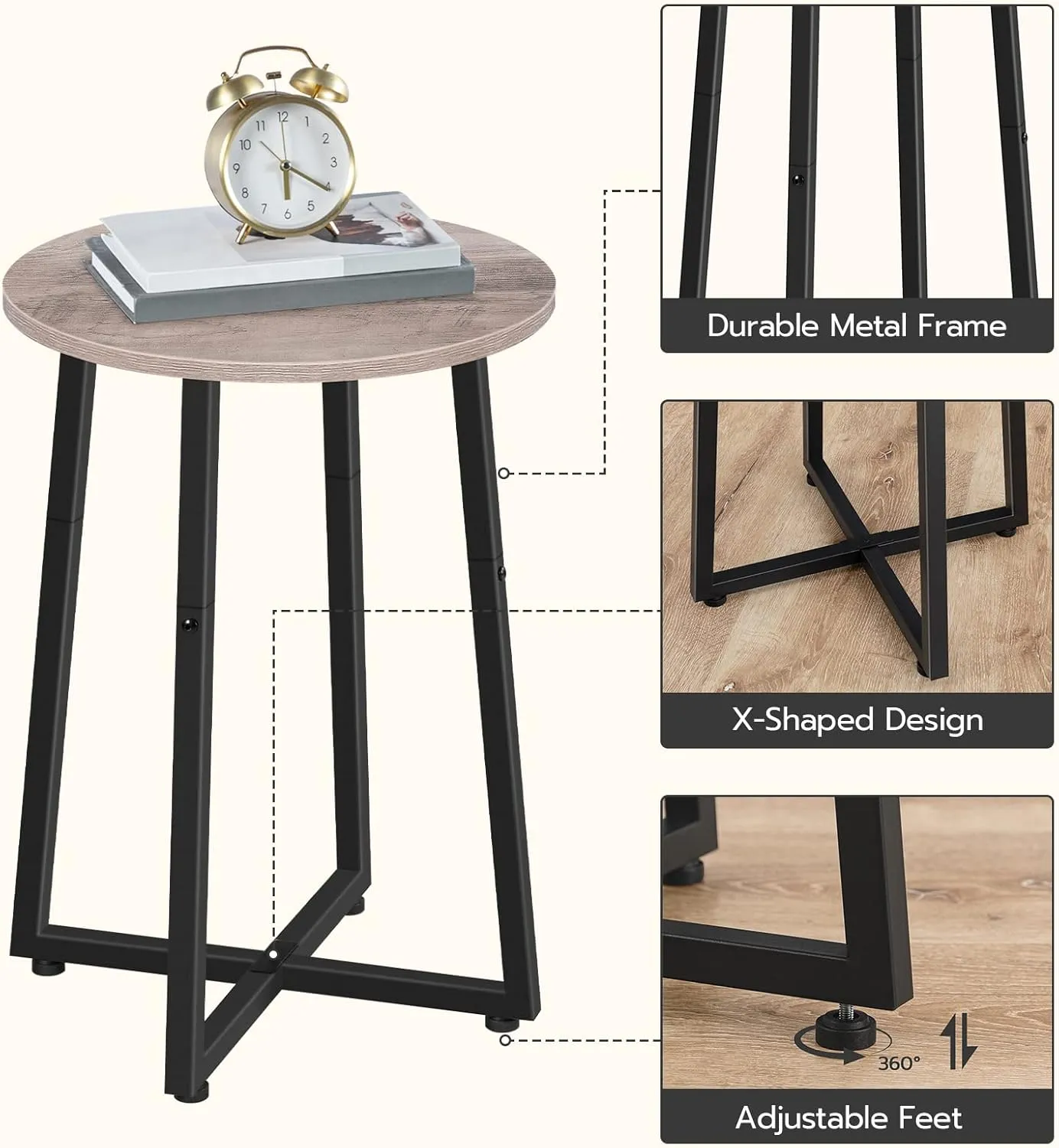 HOOBRO Side Table, Round Accent End Table with Sturdy X-Shaped Metal Frame, 15.7" Round Nightstand, for Living Room, Bedroom, Balcony, Office, Greige and Black BG95BZ01