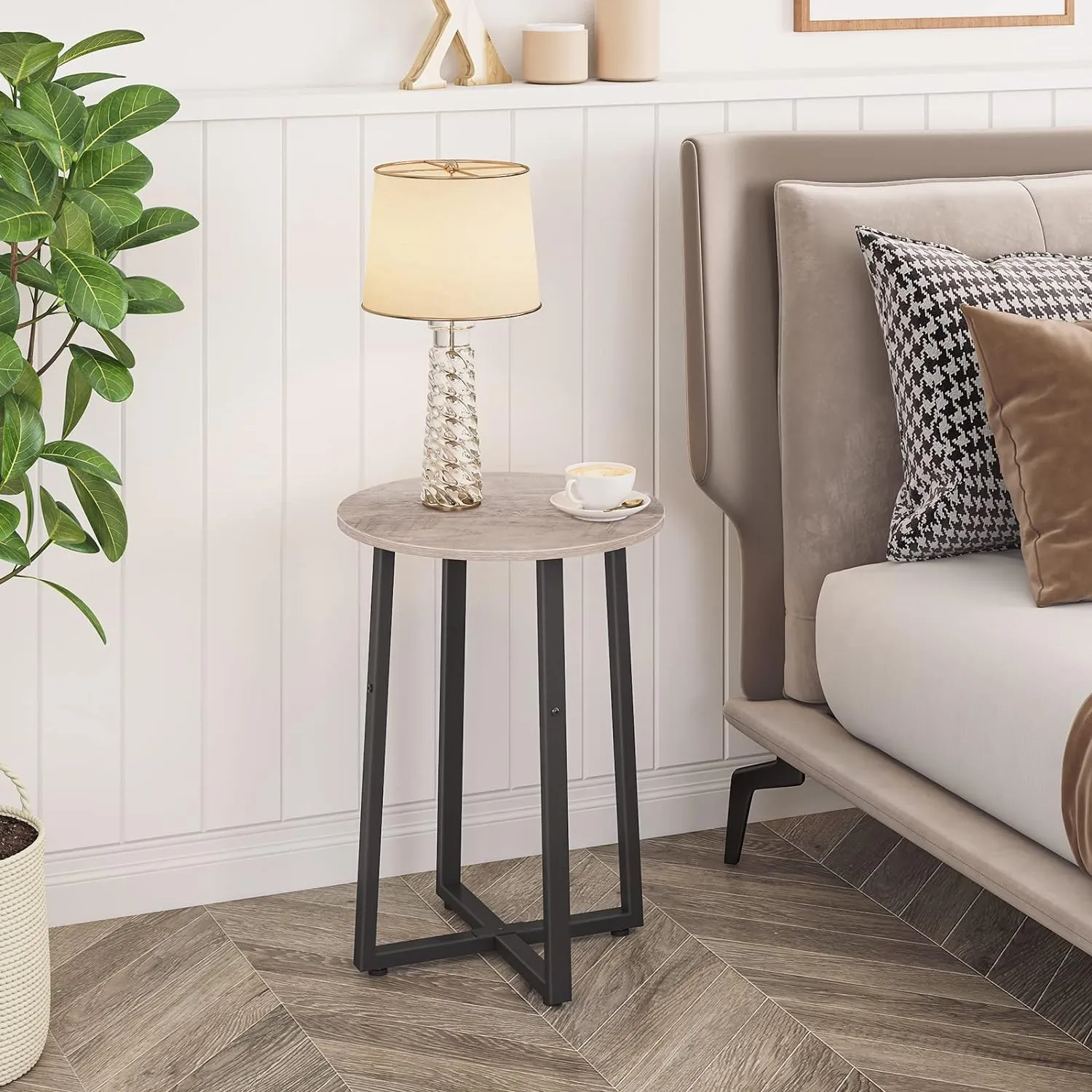 HOOBRO Side Table, Round Accent End Table with Sturdy X-Shaped Metal Frame, 15.7" Round Nightstand, for Living Room, Bedroom, Balcony, Office, Greige and Black BG95BZ01