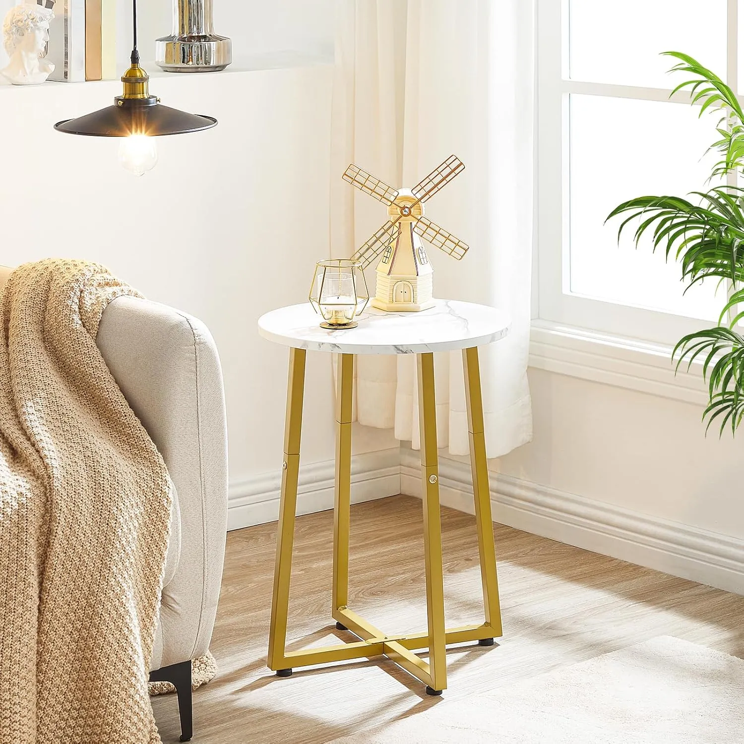 HOOBRO Side Table, Round Accent End Table with Sturdy X-Shaped Metal Frame, 15.7" Round Nightstand, for Living Room, Bedroom, Balcony, Office, Marble and Gold DM95BZ01