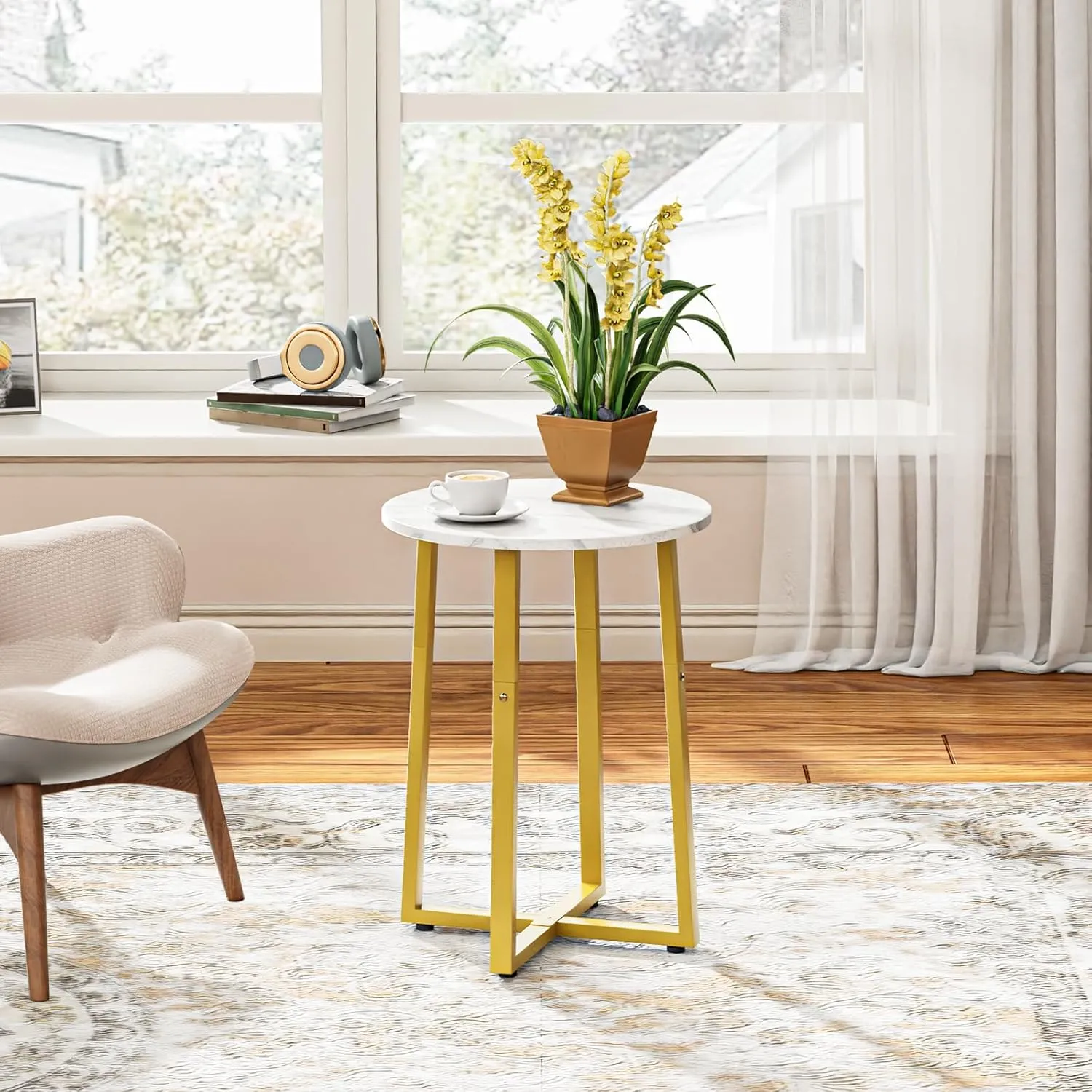 HOOBRO Side Table, Round Accent End Table with Sturdy X-Shaped Metal Frame, 15.7" Round Nightstand, for Living Room, Bedroom, Balcony, Office, Marble and Gold DM95BZ01